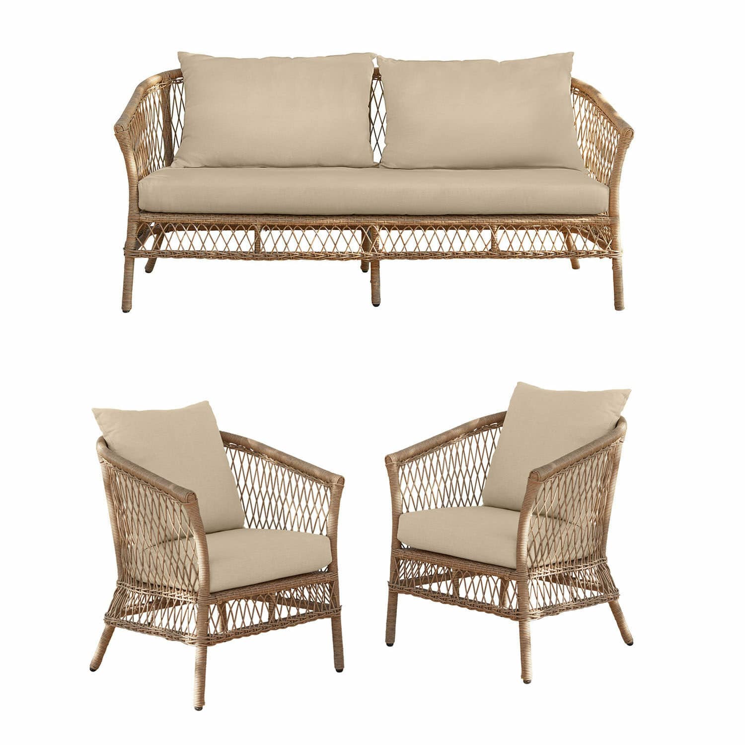 Salottino Farington Set di mobili da giardino in rattan naturale con cuscini beige, poltrone e divano comodi