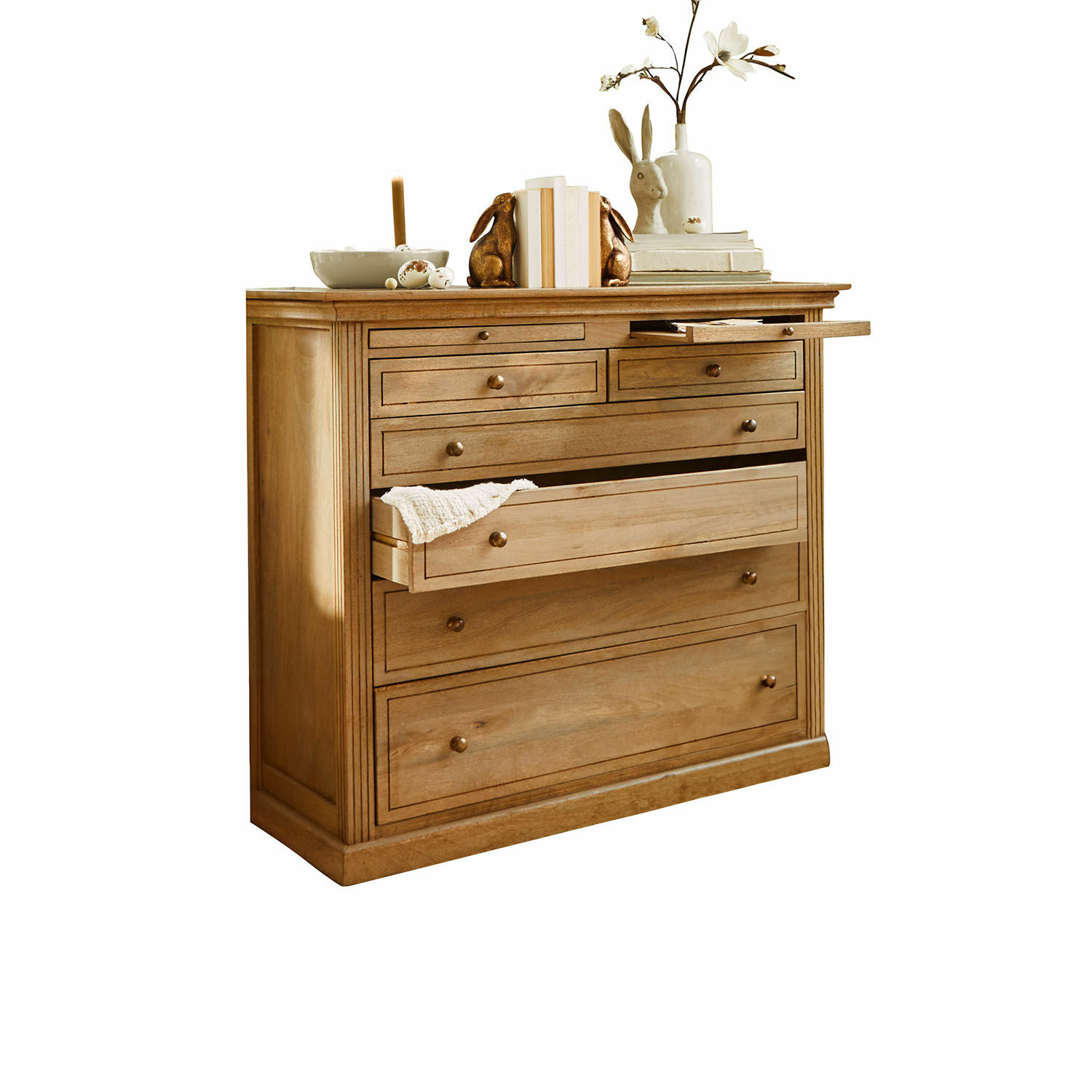 Comò Espoirin Cassettiera in legno naturale con più cassetti e decorazioni sul piano, colore legno chiaro