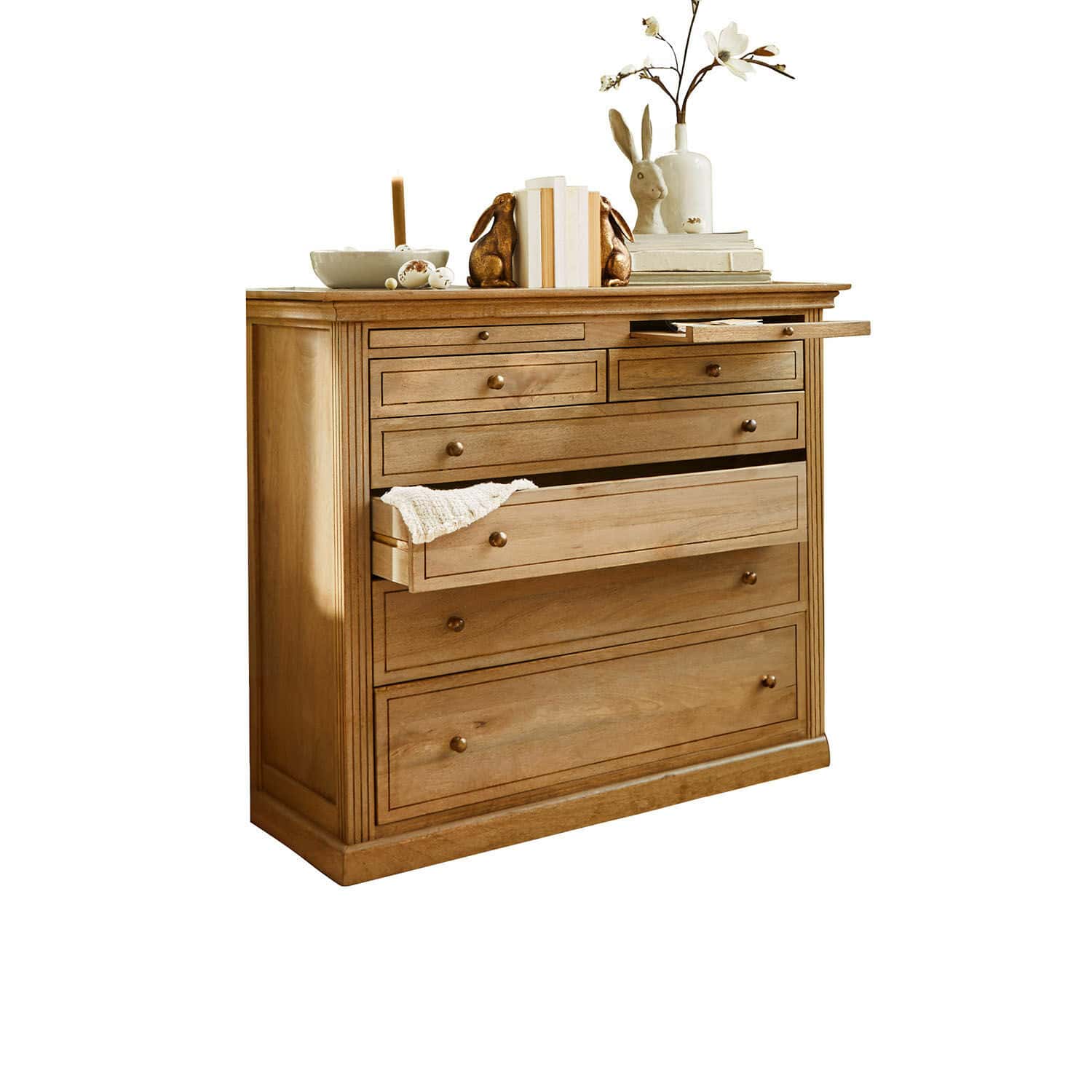 Comò Espoirin Cassettiera in legno naturale con più cassetti e decorazioni sul piano, colore legno chiaro