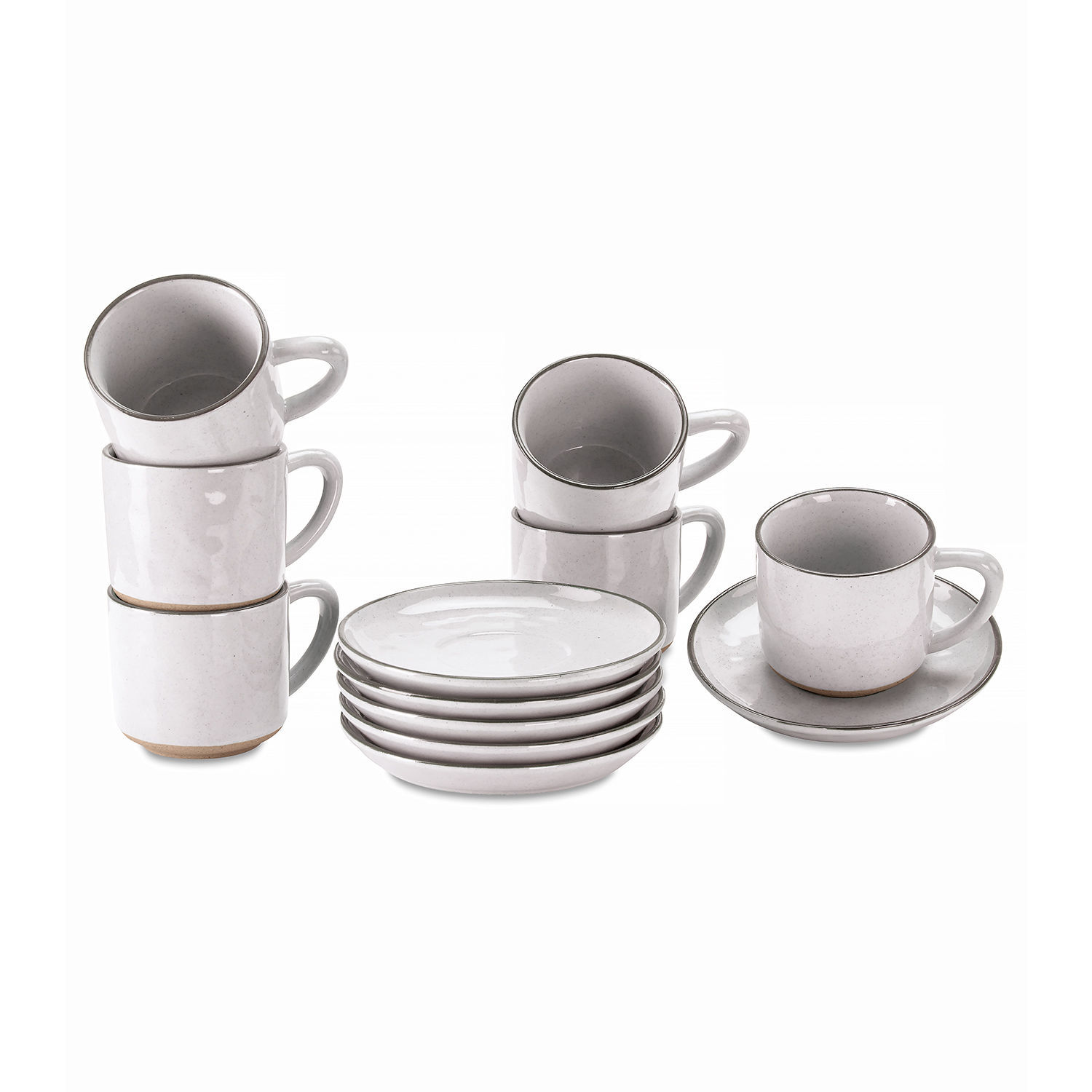 Set di 6 tazze con piattino Biarré Set di tazze e piattini in ceramica bianca con bordo grigio chiaro per caffè e tè