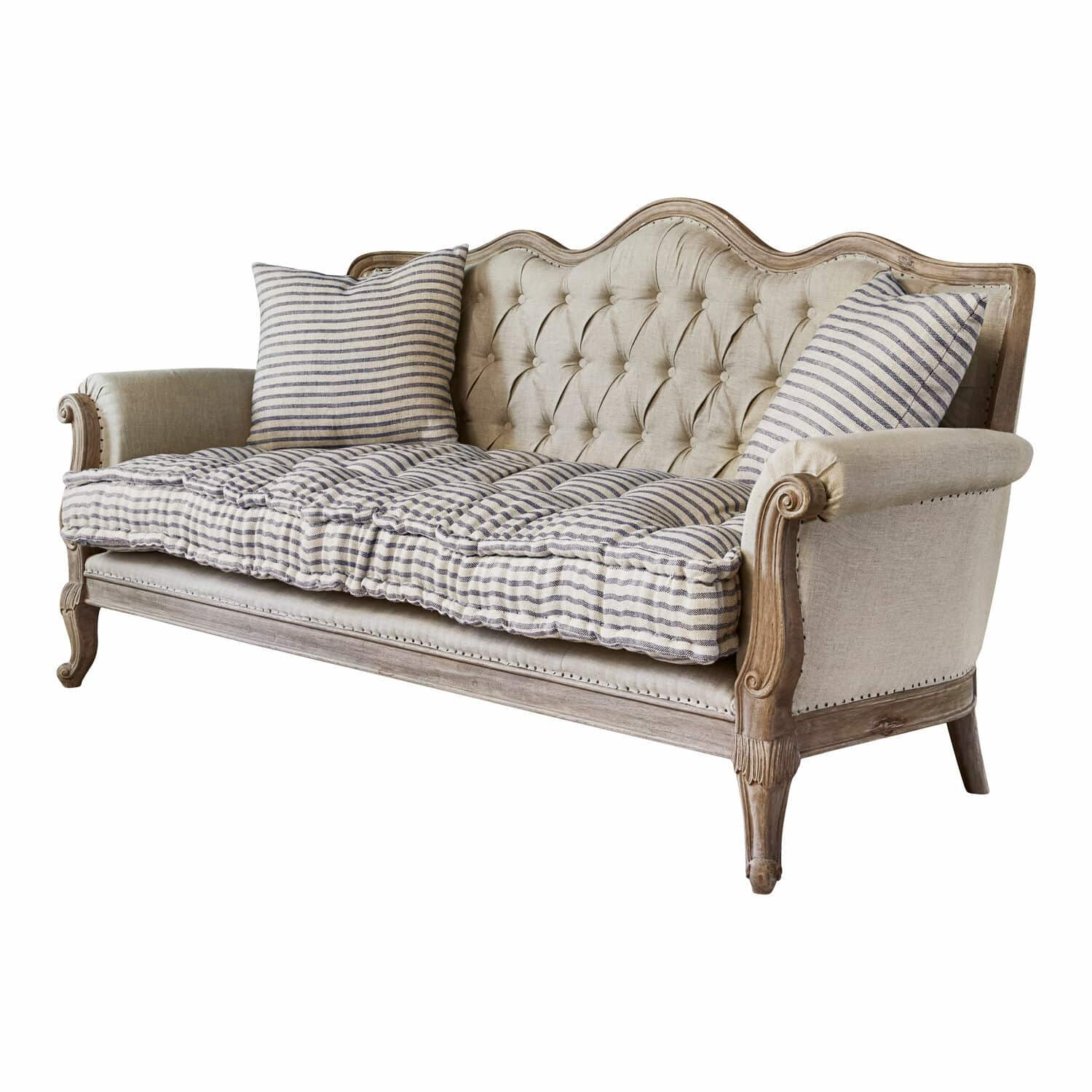 Divano Malabon Divano vintage con struttura in legno e rivestimento beige con cuscini a righe