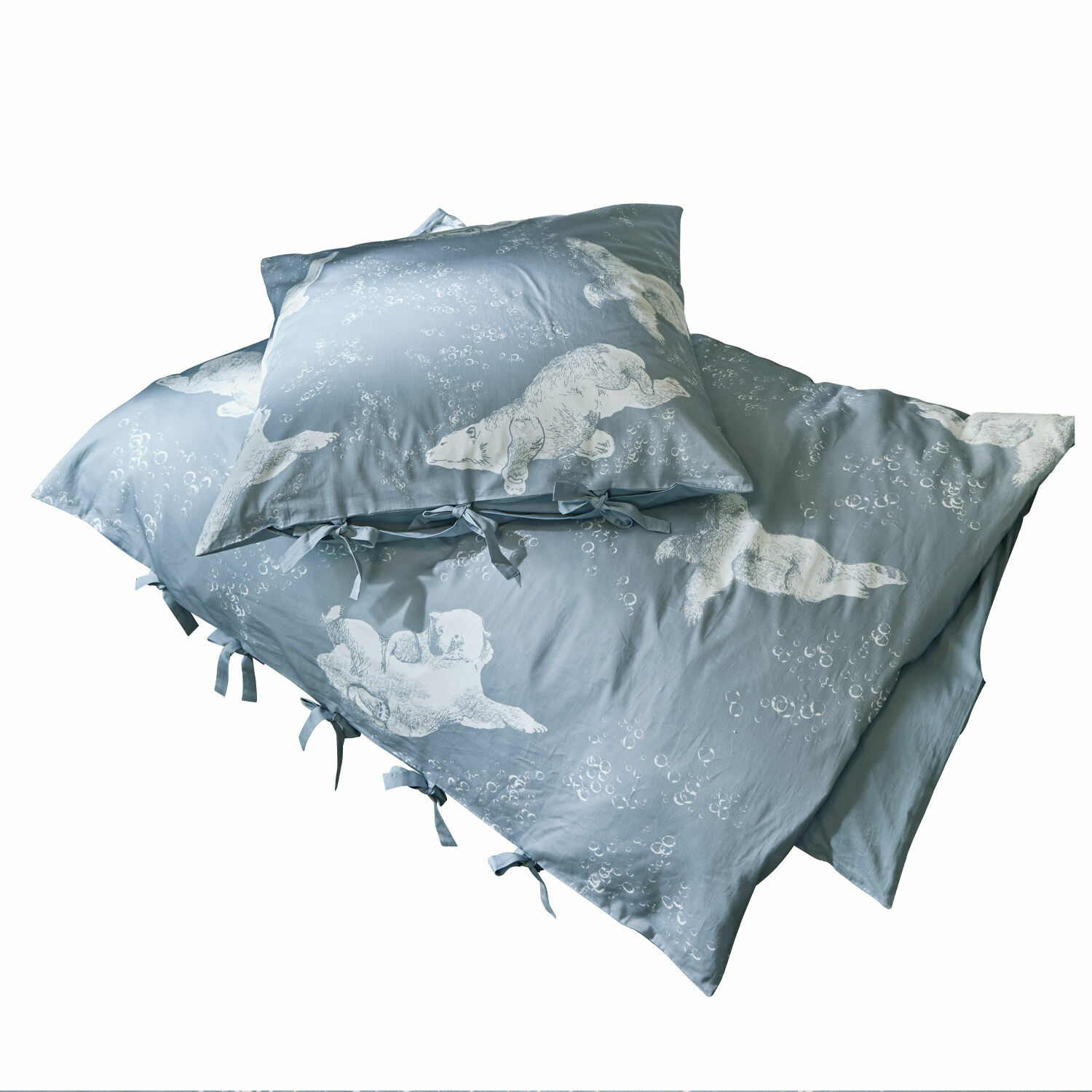 Biancheria da letto Hugo Biancheria da letto in cotone blu con stampa di orsi polari bianchi e lacci, decorativa e confortevole