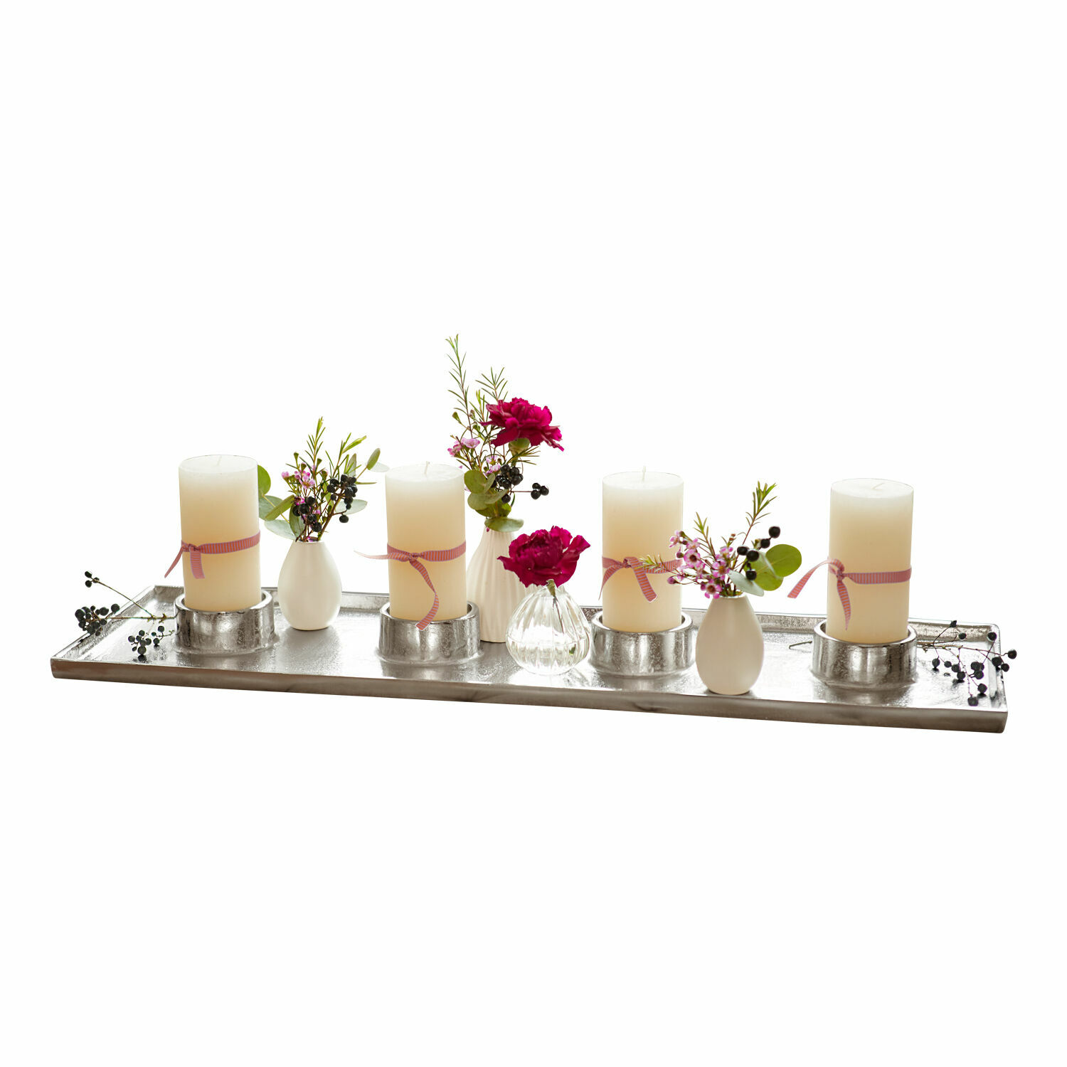 Portacandele Mareuil Vassoio in metallo con quattro candele bianche e piccoli vasi con fiori decorativi