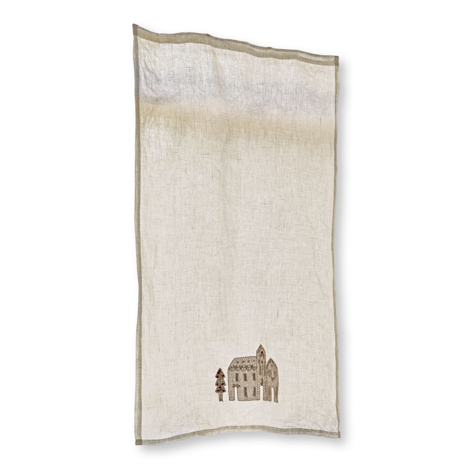 Tendina Marikina Tovaglia in lino beige con ricamo delicato di casa e albero, decorazione rustica per tavola
