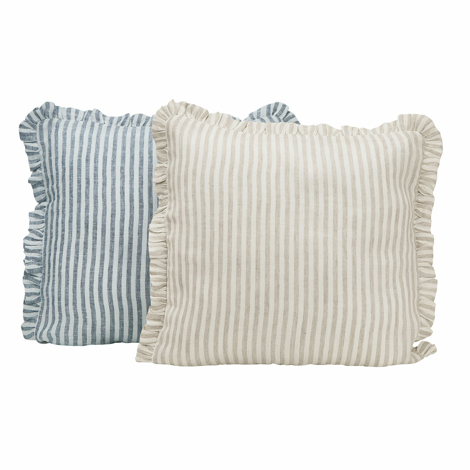 Coppia di copricuscini Brenda Set di due cuscini in lino a righe con volant beige e blu per decorazioni d'interni eleganti