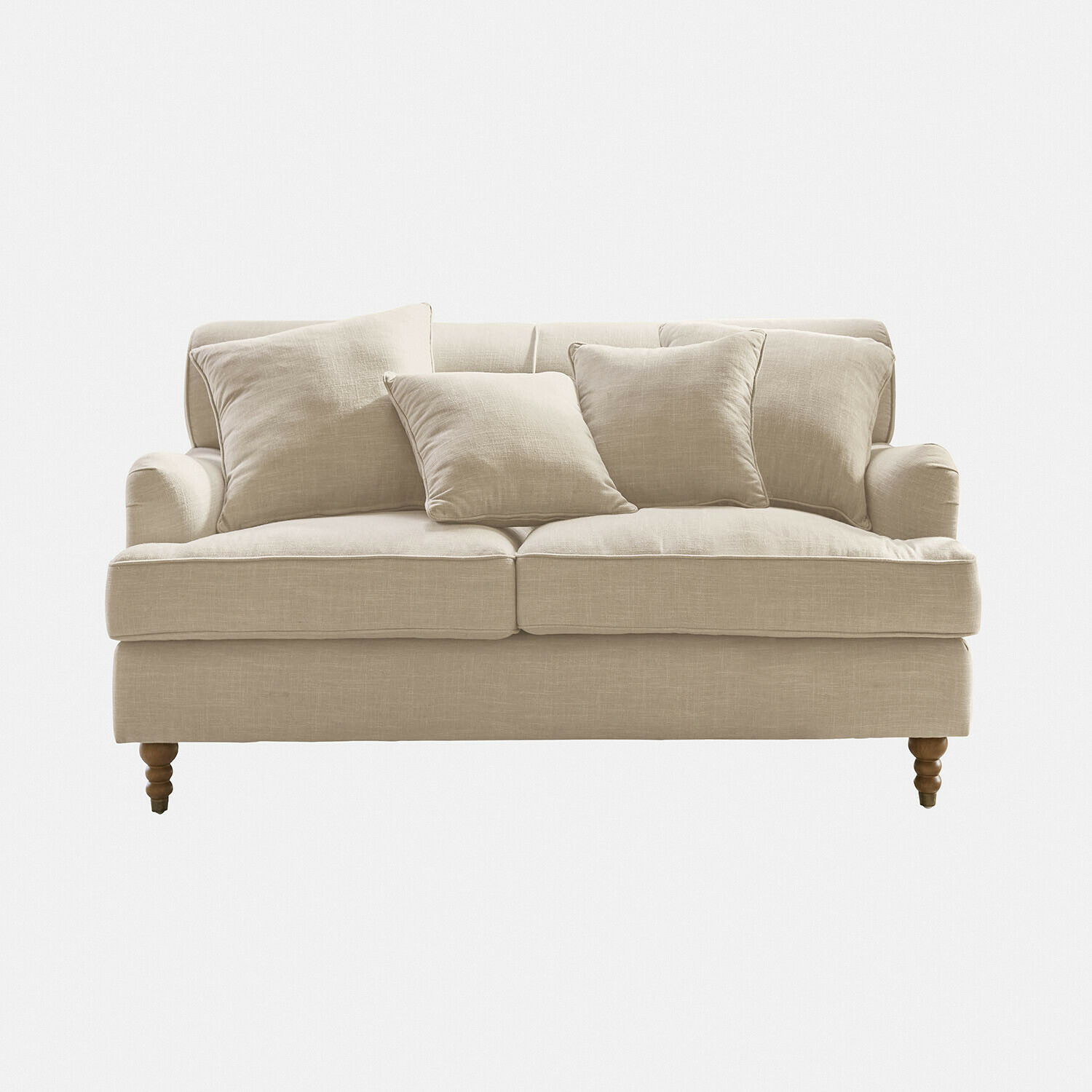 Divano Isa in lino beige con cuscini e gambe in legno, mobile confortevole per soggiorno