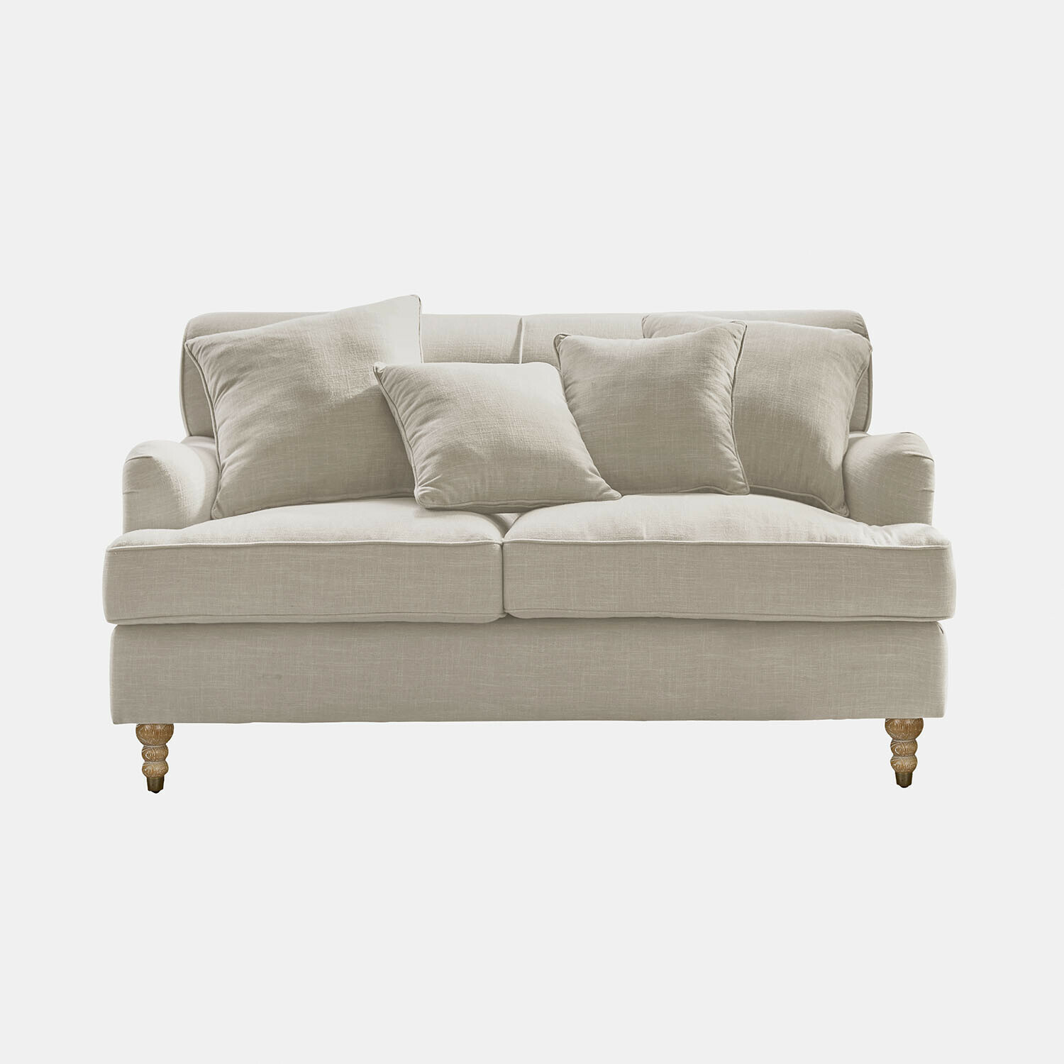 lino Divano Isa in lino beige con cuscini e gambe in legno, mobile confortevole per soggiorno