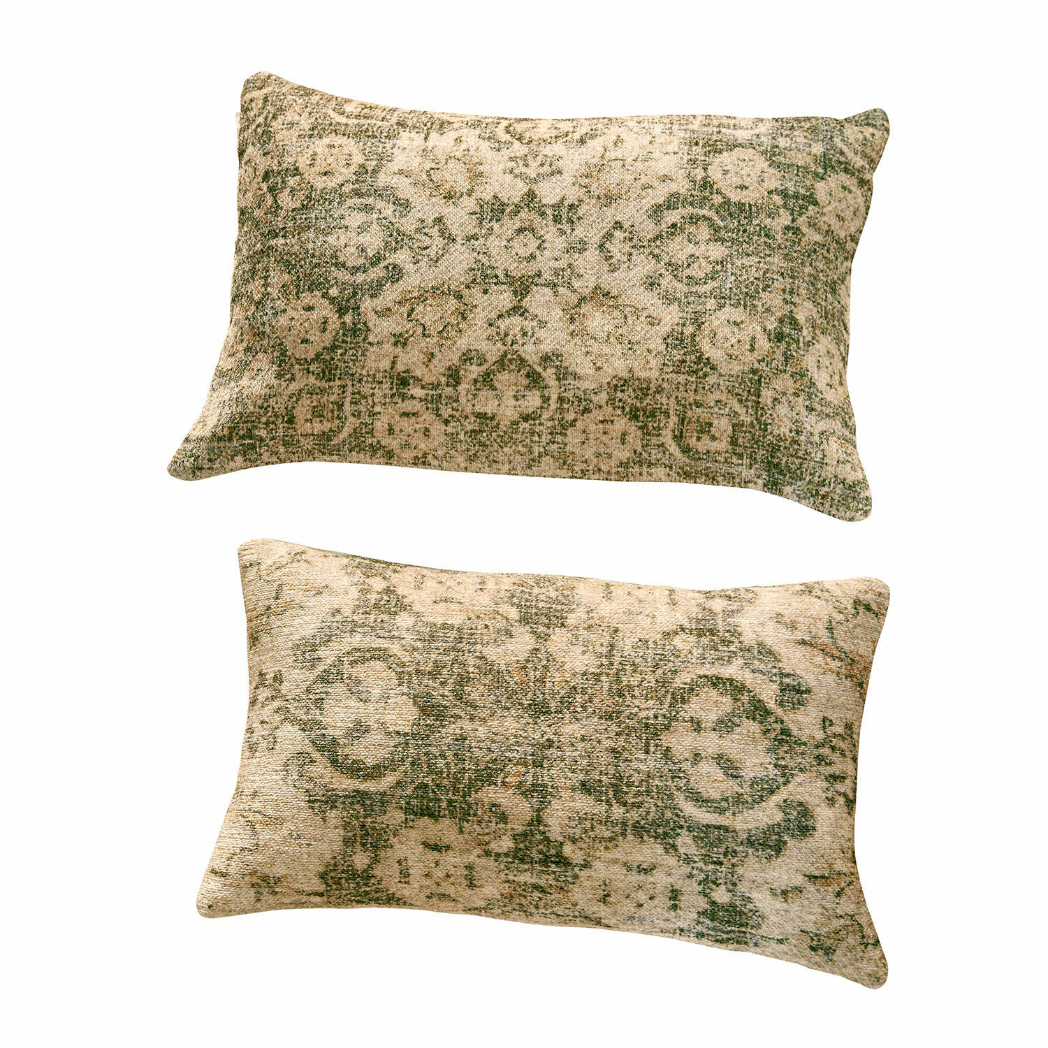 Coppia di copricuscini Calperino Set di due cuscini rettangolari con motivo verde su tessuto beige, tessili per la casa