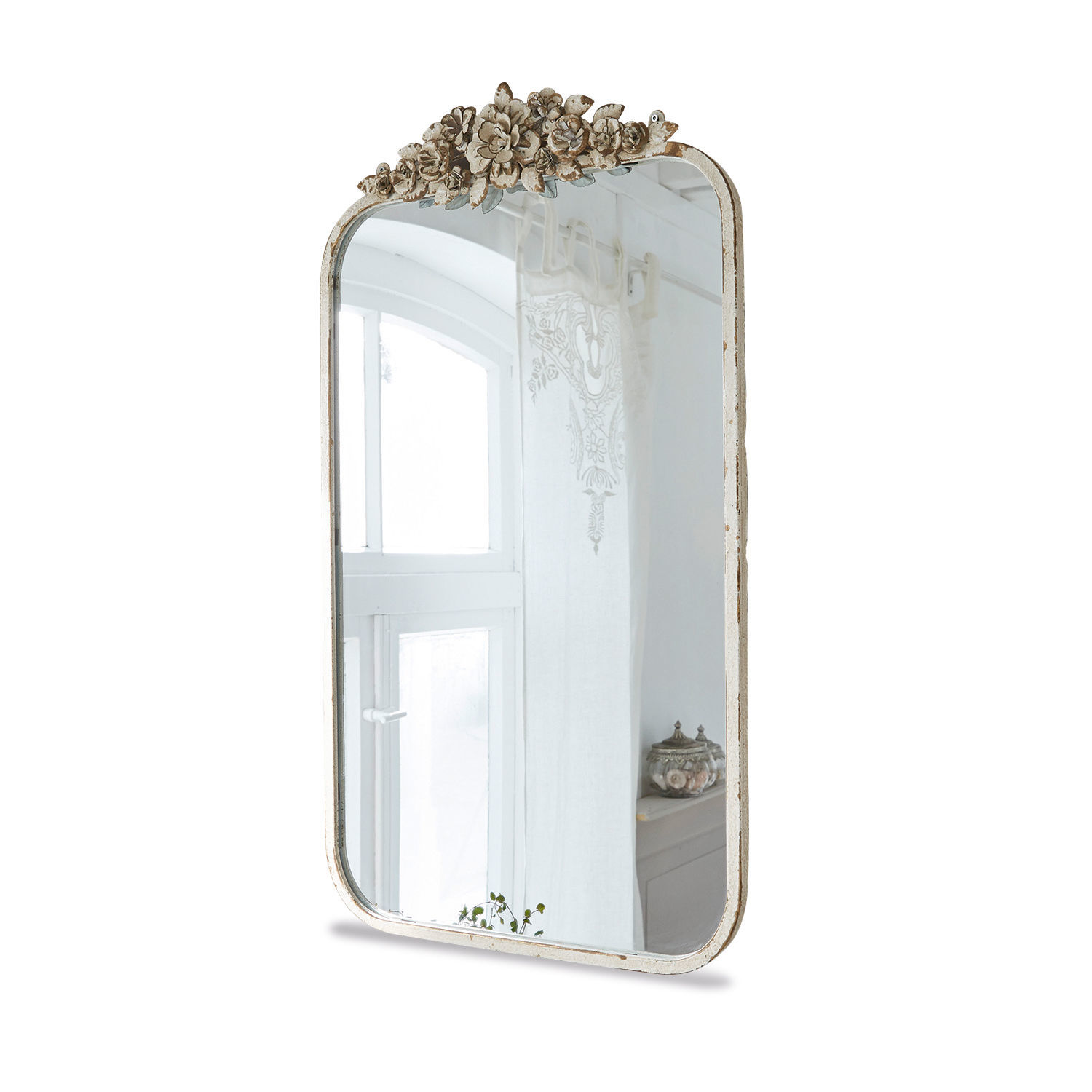Specchio Veilleures Specchio da parete con cornice bianca invecchiata e decorazione floreale, stile vintage