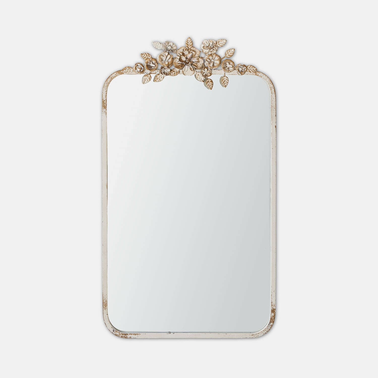 Specchio da parete con cornice bianca invecchiata e decorazione floreale, stile vintage