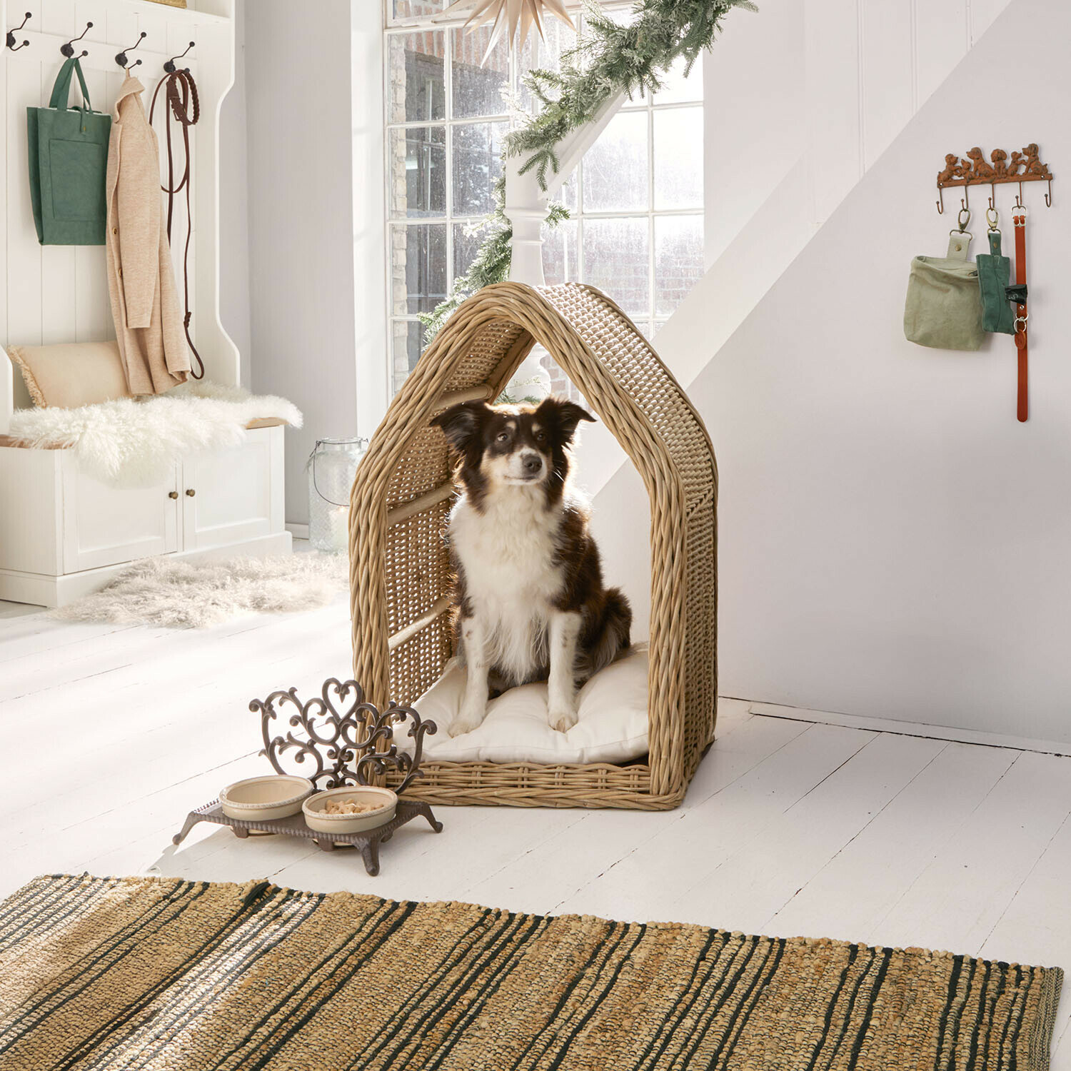 Cuccia per cani Muffan Cane seduto in cesta di vimini beige con cuscino bianco in interno luminoso e accogliente