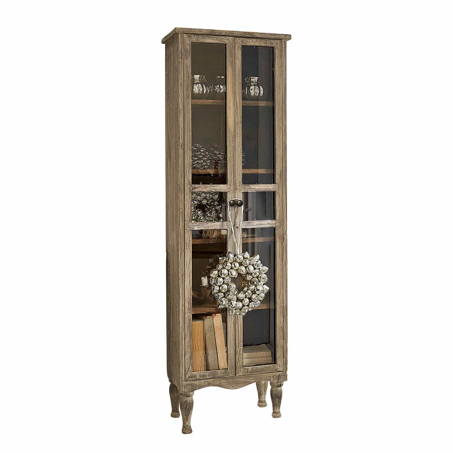 Vetrina Covent Garden Vetrina stretta in legno con porte in vetro e corona decorativa, mobile rustico
