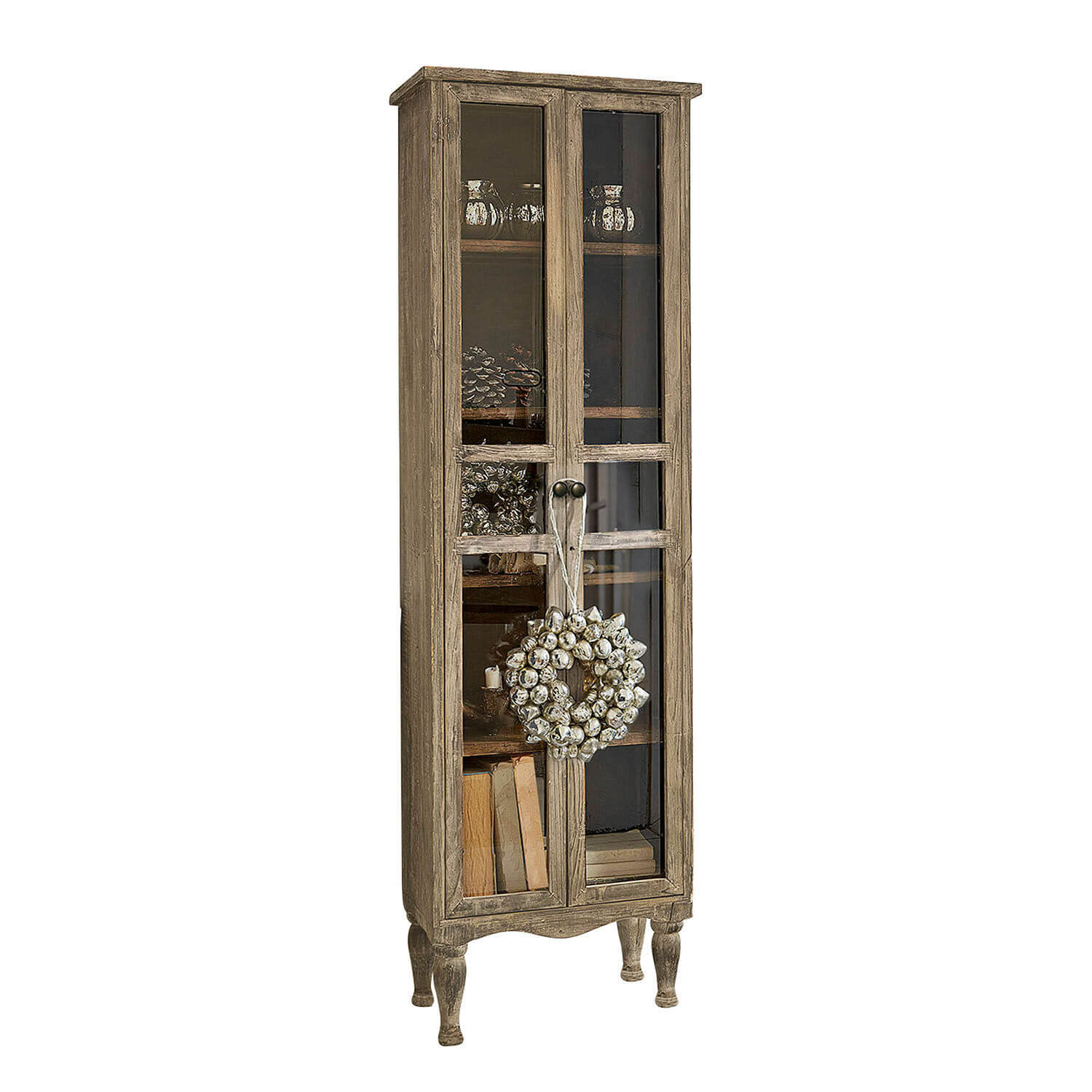 Vetrina Covent Garden Vetrina stretta in legno con porte in vetro e corona decorativa, mobile rustico