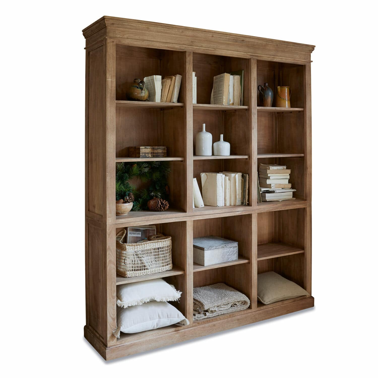 Scaffale Alamoni Grande libreria in legno naturale con nove scomparti, decorazioni e libri, mobile per soggiorno