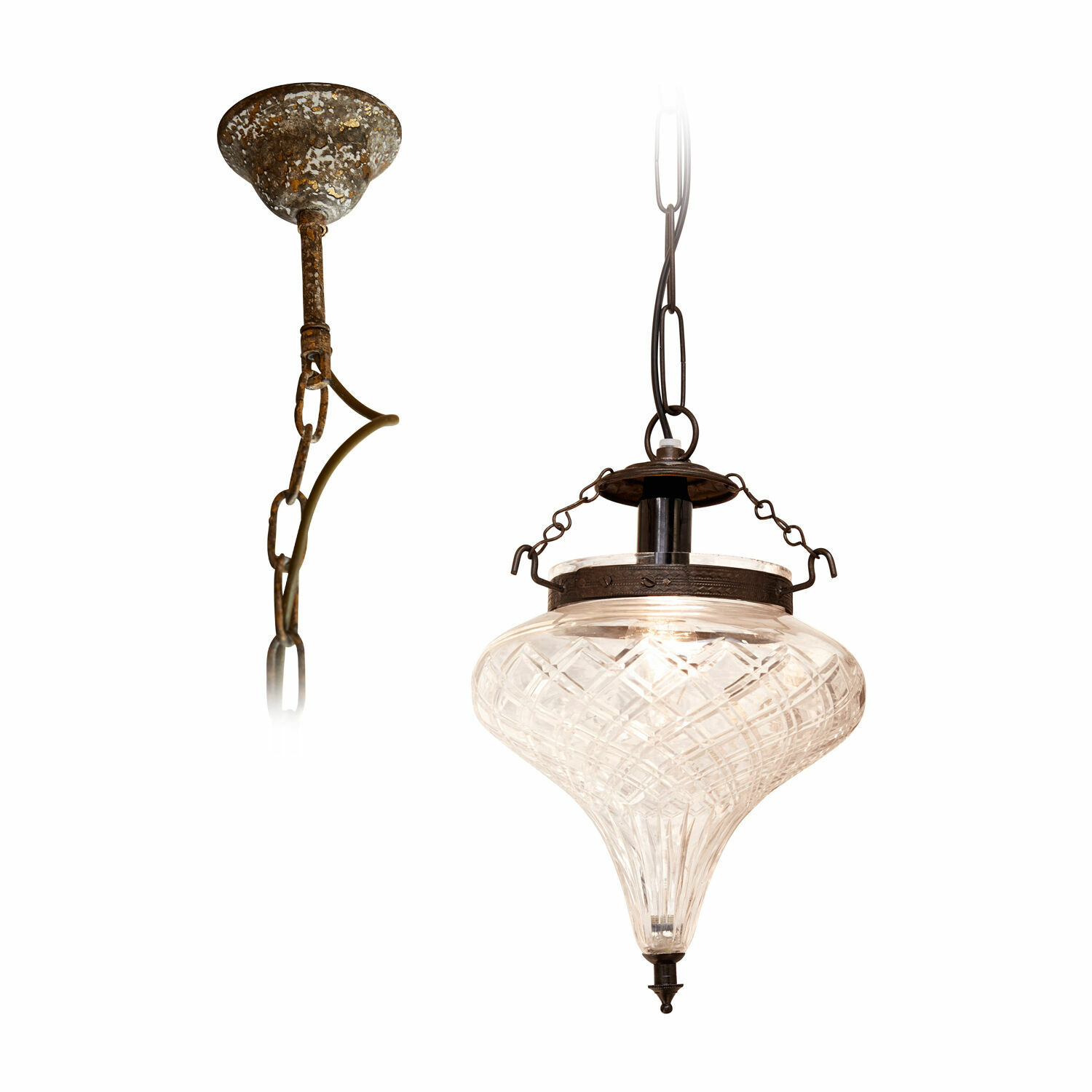 Lampada a sospensione Gaidouras Lampada a sospensione in vetro trasparente con catena metallica e finitura rustica per interni