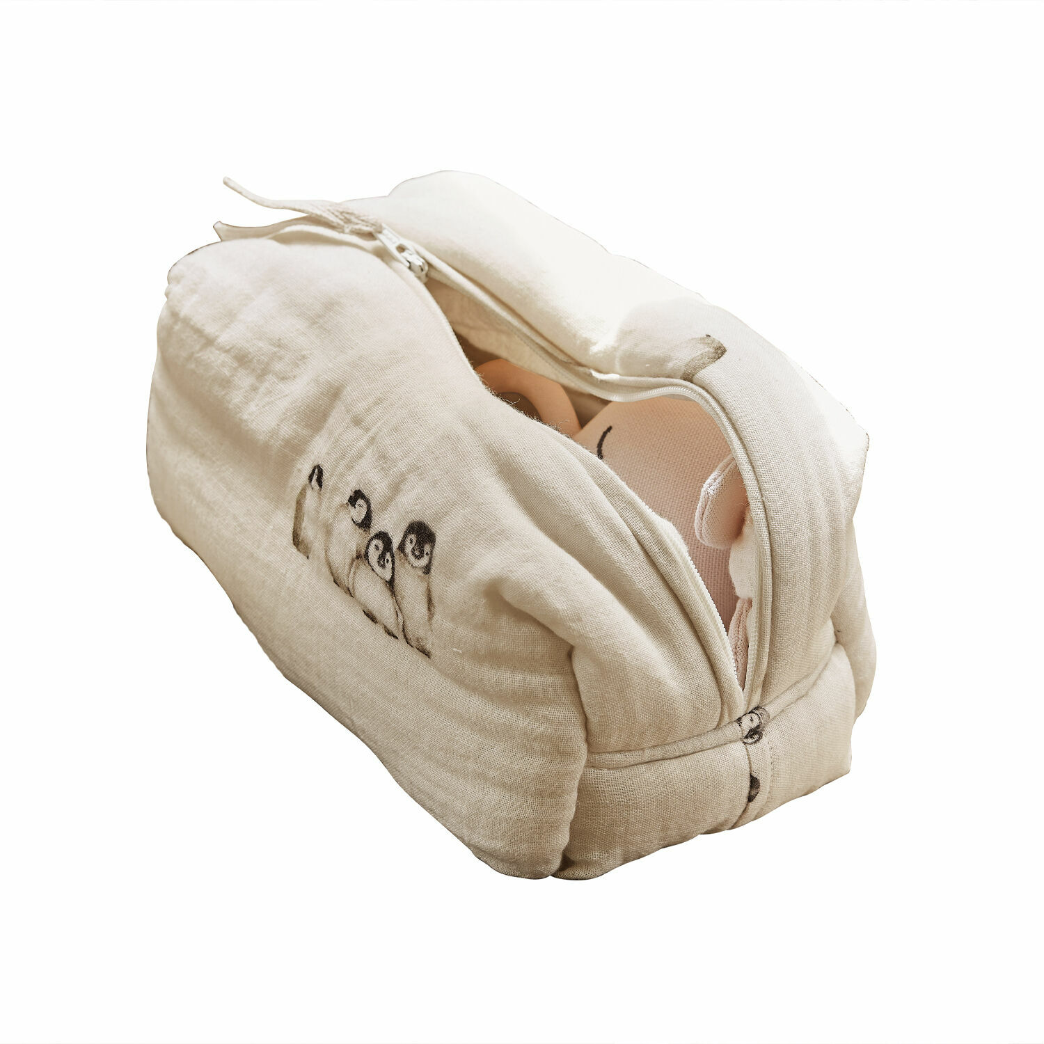 Nécessaire Jocienne Astuccio beige in cotone con stampa pinguini e cerniera, organizer da viaggio pratico