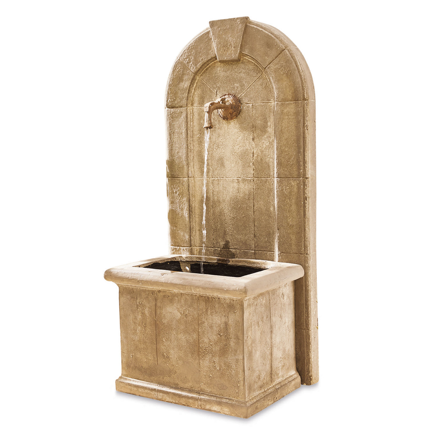 Fontana Ginette Fontana da parete decorativa in pietra beige con rubinetto in metallo e flusso d'acqua