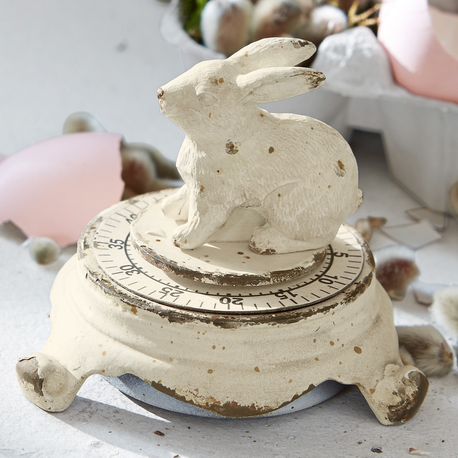 Contaminuti Terese Timer da cucina in metallo crema con coniglio decorativo e finitura invecchiata