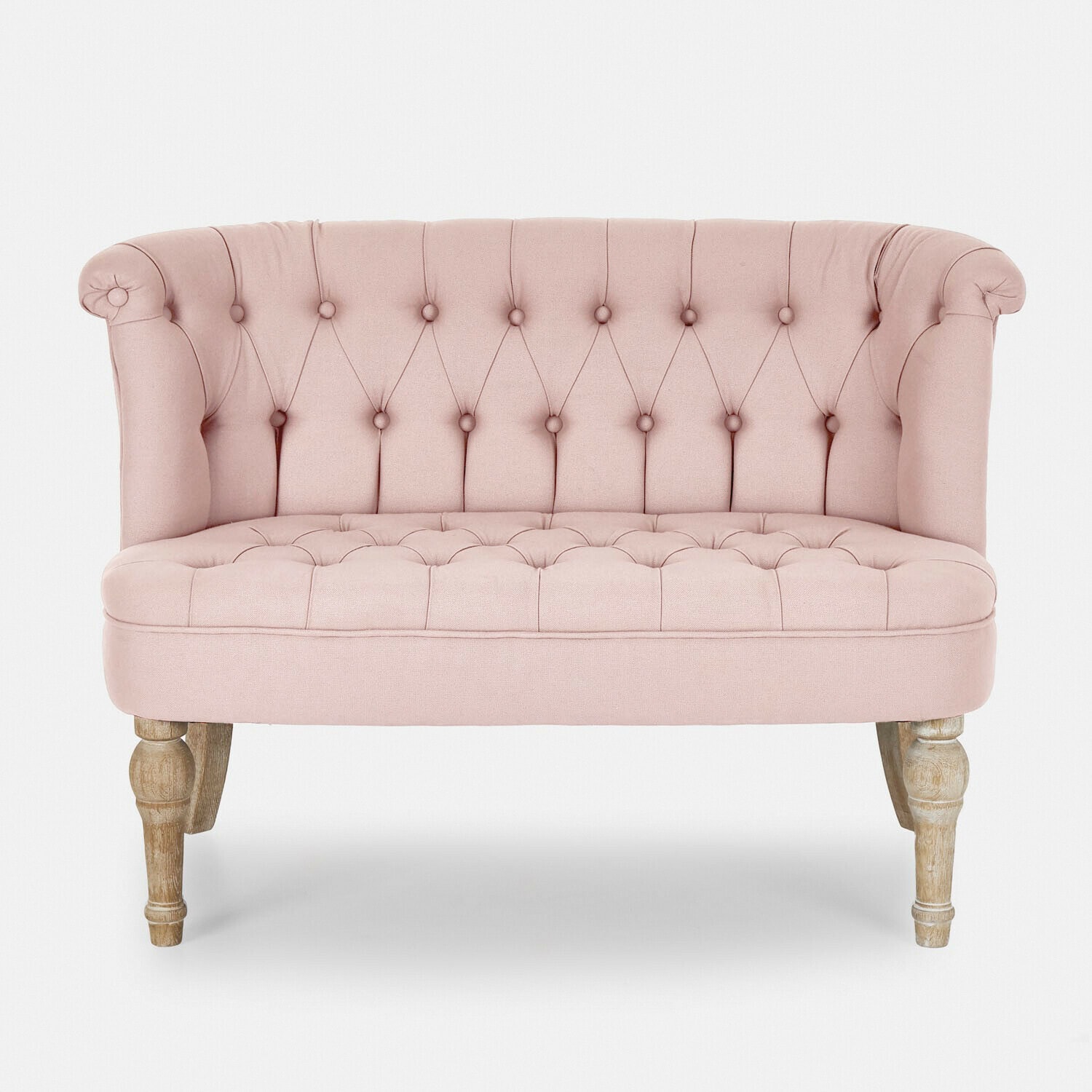 Divano rosa imbottito Weralin con gambe in legno, mobile elegante per soggiorno
