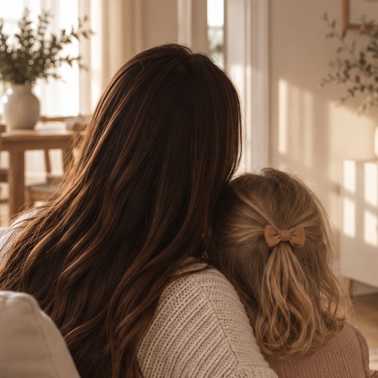 Donna con capelli lunghi castani e bambina con fiocco nei capelli biondi in ambiente accogliente