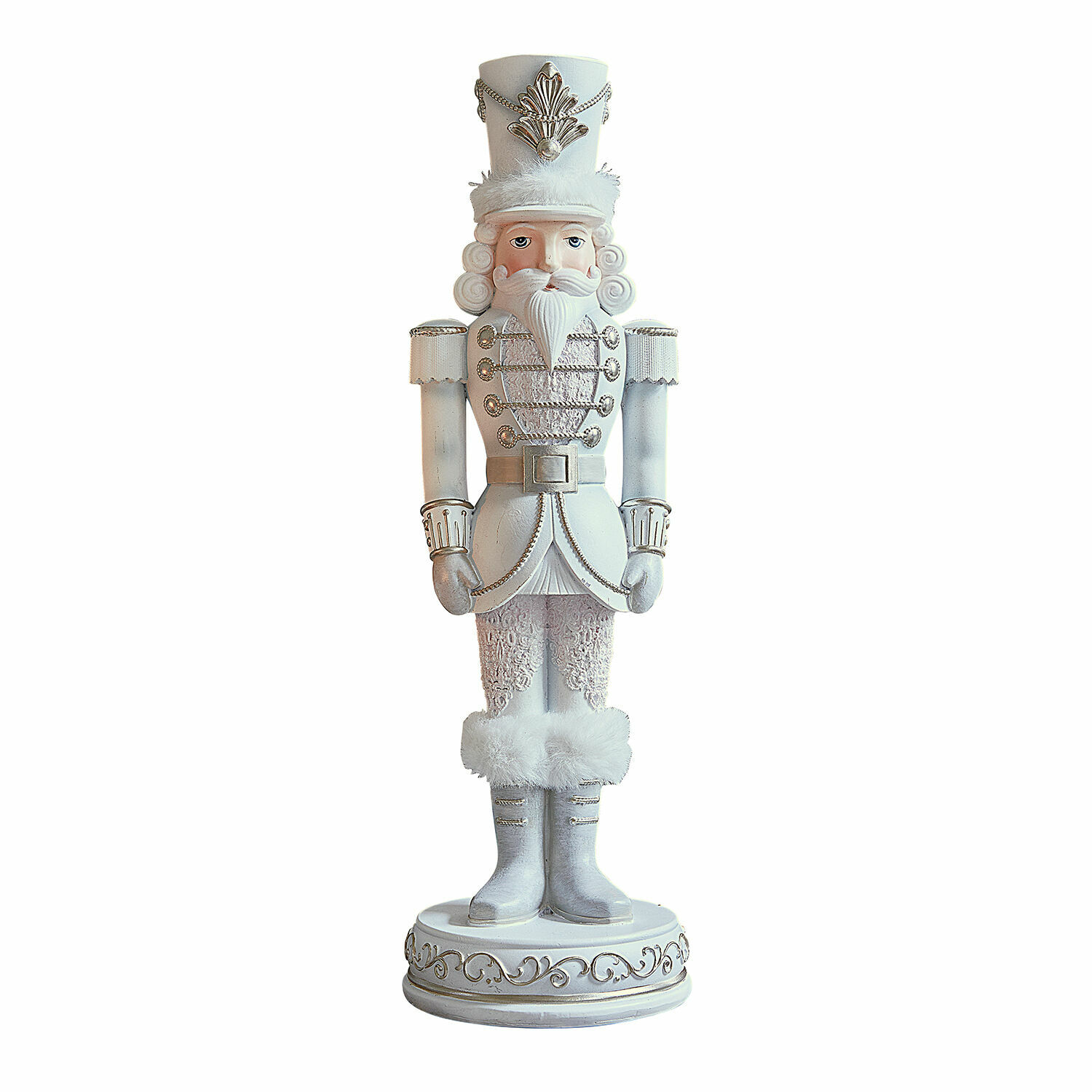 Schiaccianoci decorativo Moriette Schiaccianoci in legno bianco con dettagli in pelliccia e ornamenti dorati, decorazione natalizia