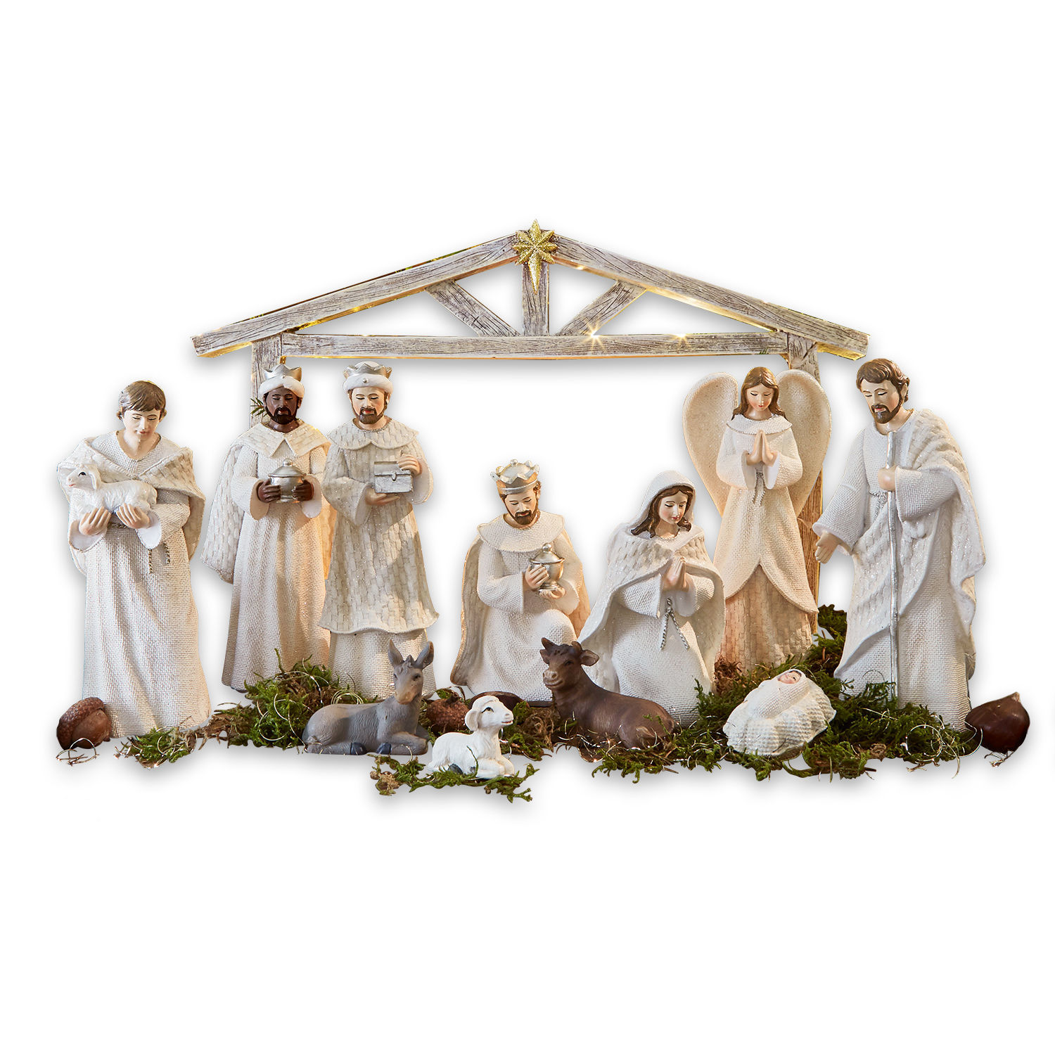 Set di 12 statuine per il presepe Santo Set di figure bianche per presepe natalizio in legno e tessuto con illuminazione LED