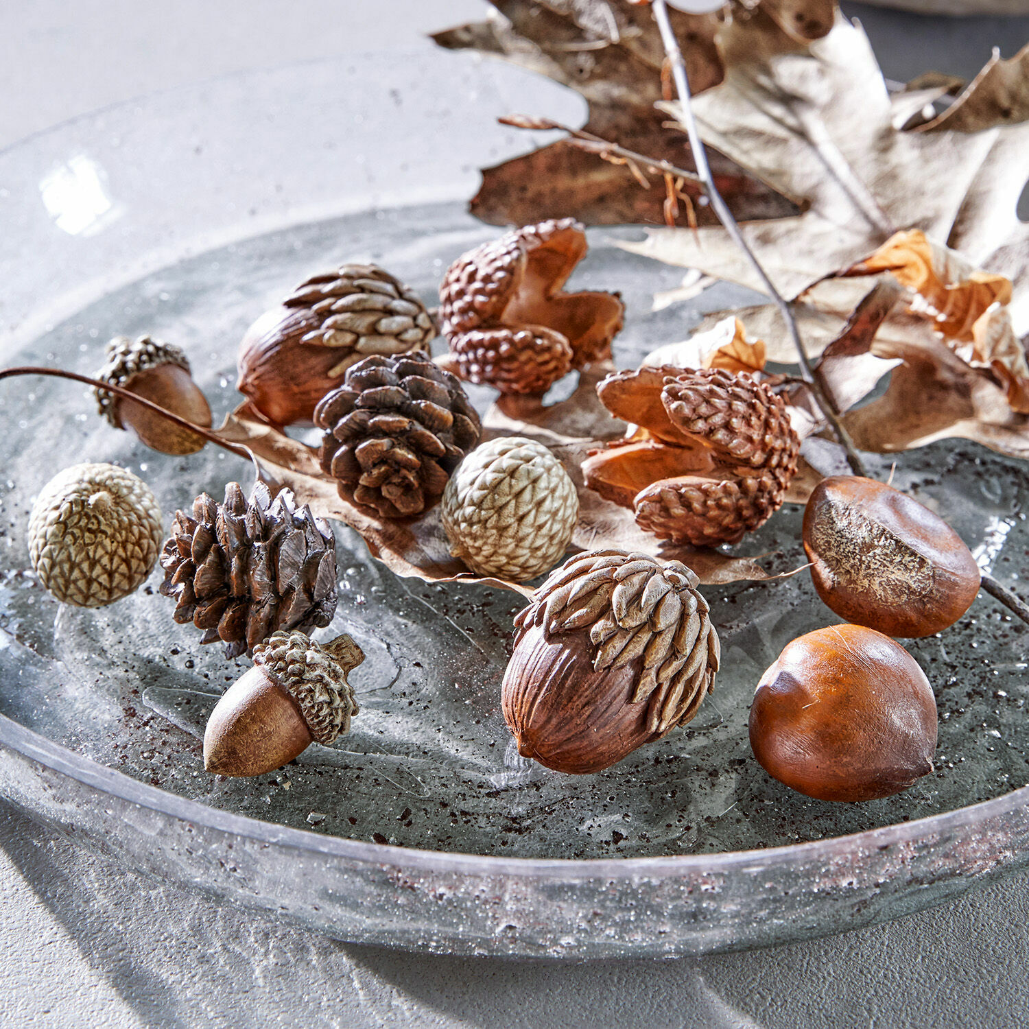 Set di 12 decorazioni autunnali Vibius Noci decorative e pigne in tonalità marroni naturali su piatto di vetro per decorazione autunnale
