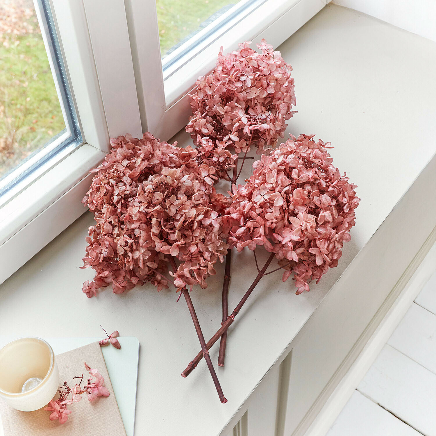 Fiori di ortensia rosa essiccati su davanzale bianco per decorazione d'interni