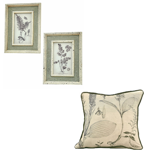 Set di due cornici verdi con illustrazioni botaniche e cuscino decorativo con motivo vegetale