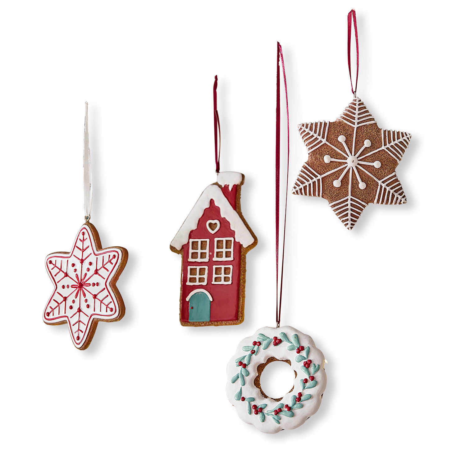 Set di 4 decorazioni da appendere Hestur Set di quattro decorazioni natalizie di pan di zenzero con glassa bianca e rossa per albero