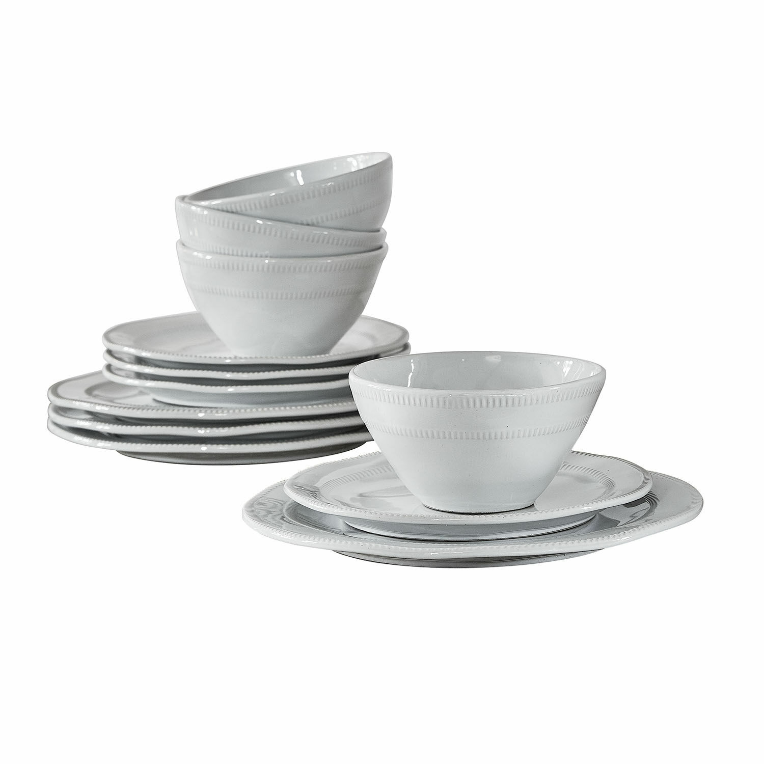 Set di 12 stoviglie Alentejo Set di stoviglie in porcellana bianca con ciotole e piatti, design elegante per la tavola