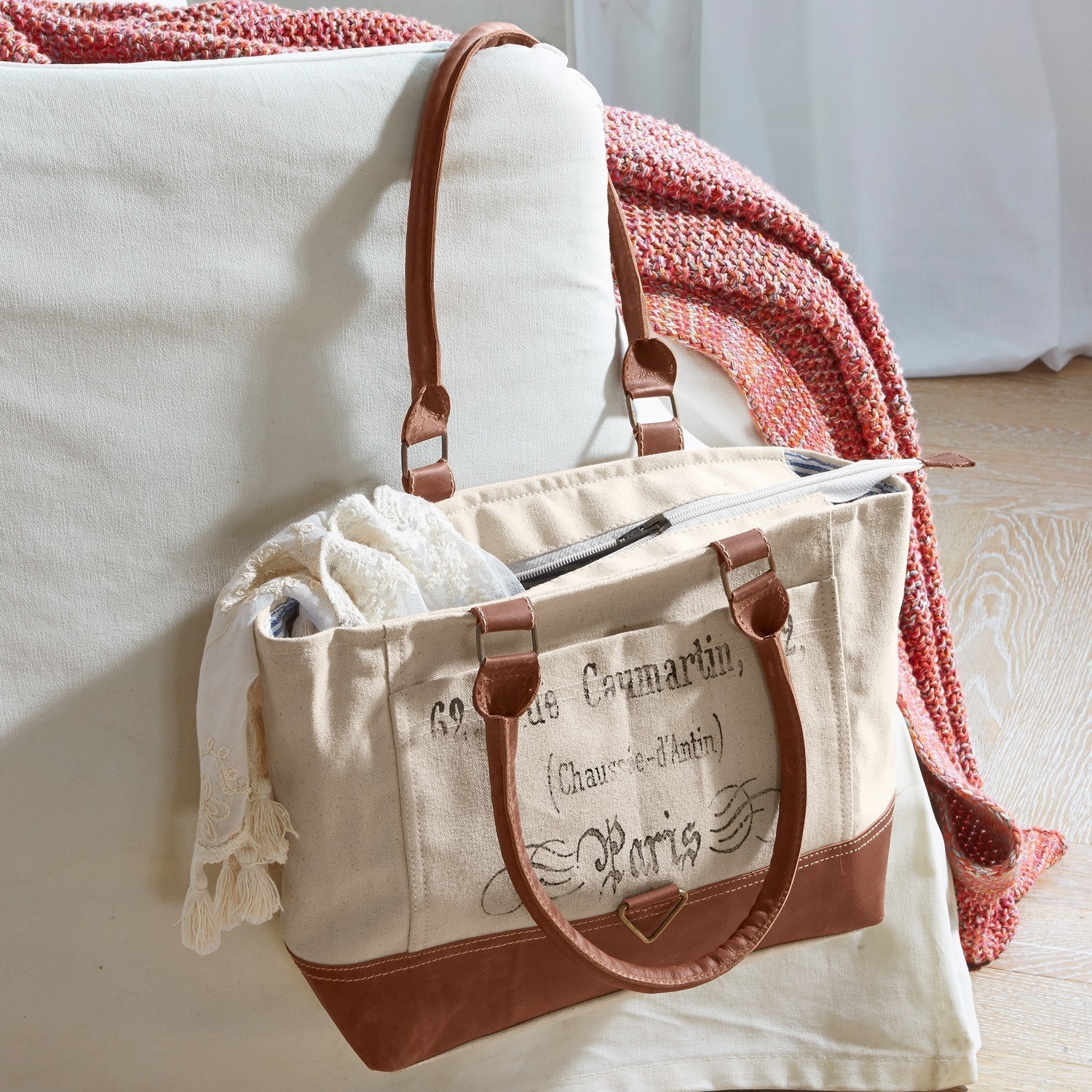 Borsa Linna Borsa beige in tessuto con dettagli in pelle marrone e stampa Paris, borsa pratica per uso quotidiano