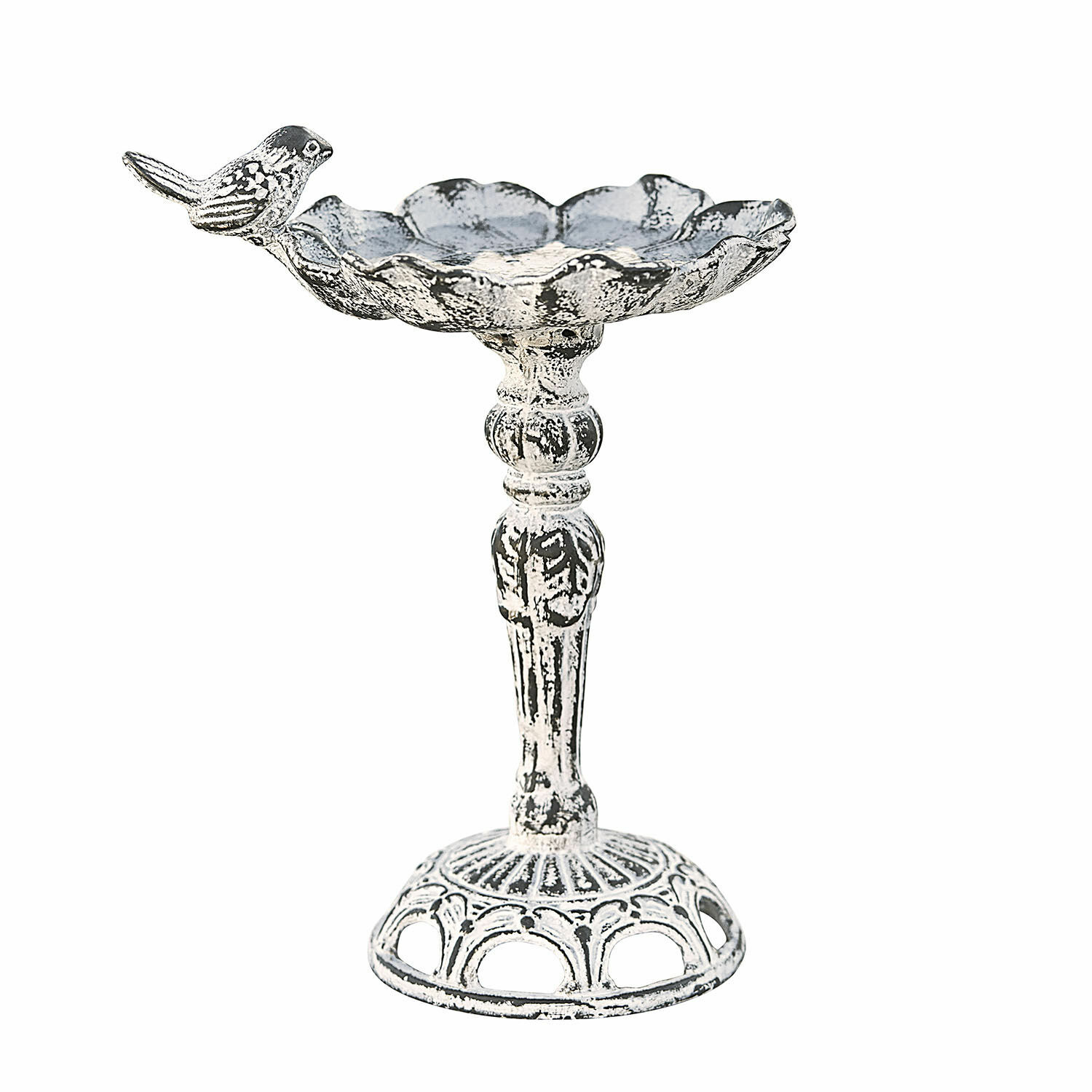 Abbeveratoio per uccellini Petrofani Ciotola in metallo bianco su piedistallo con uccellino decorativo, accessorio da giardino in stile vintage