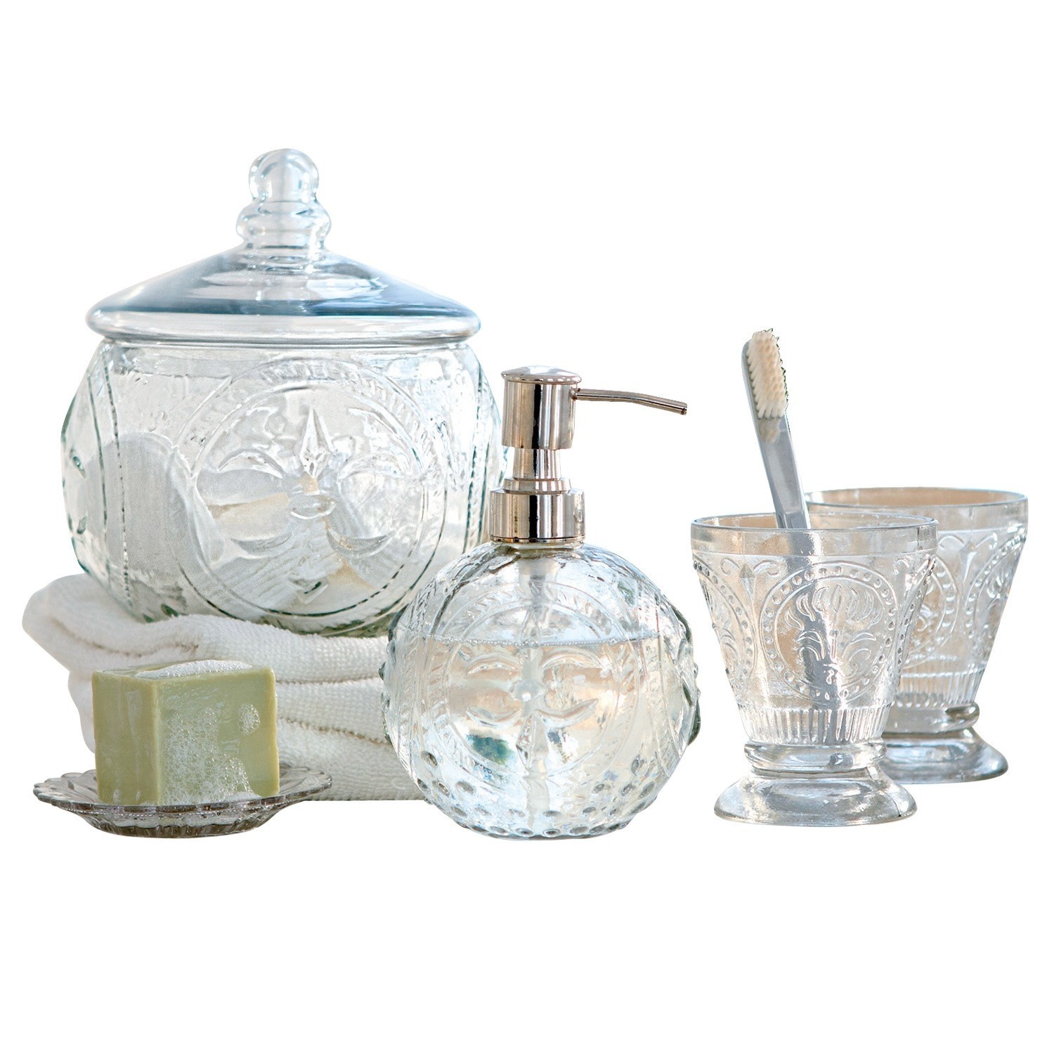 Set per bagno Luton Set da bagno in vetro trasparente con dispenser e barattolo decorato con motivo elegante