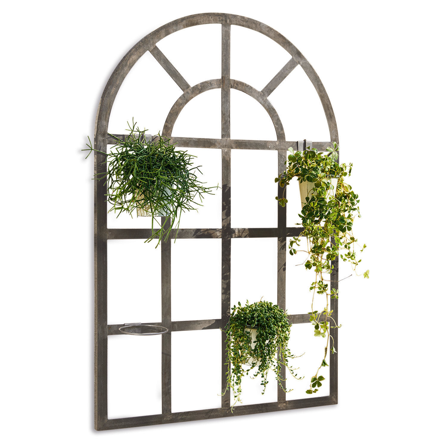 Portavasi da parete Villandor Decorazione da parete in metallo grigio a forma di finestra con supporti per piante, per interno ed esterno