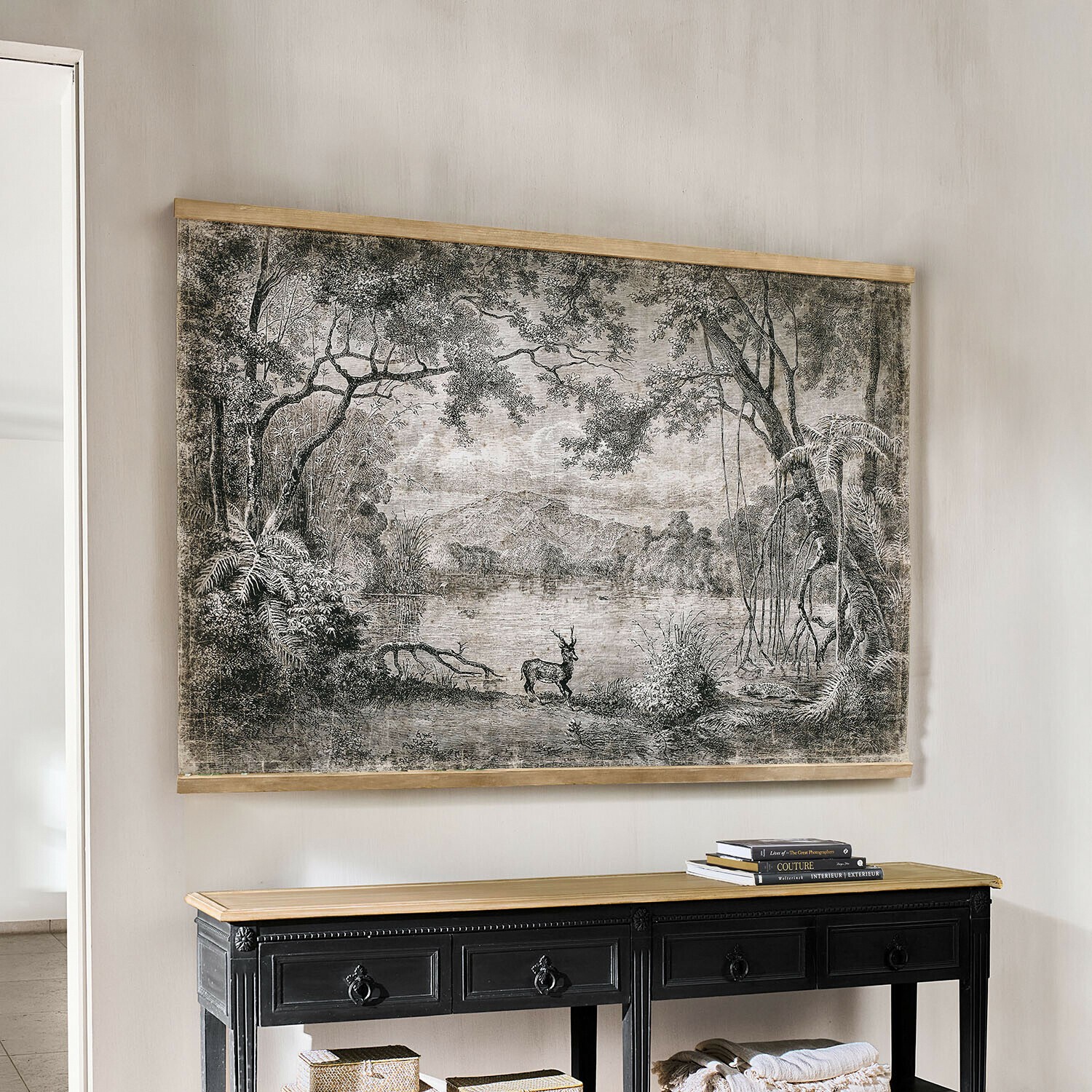 Quadro da parete in bianco e nero con paesaggio e cervo, decorazione elegante per interni