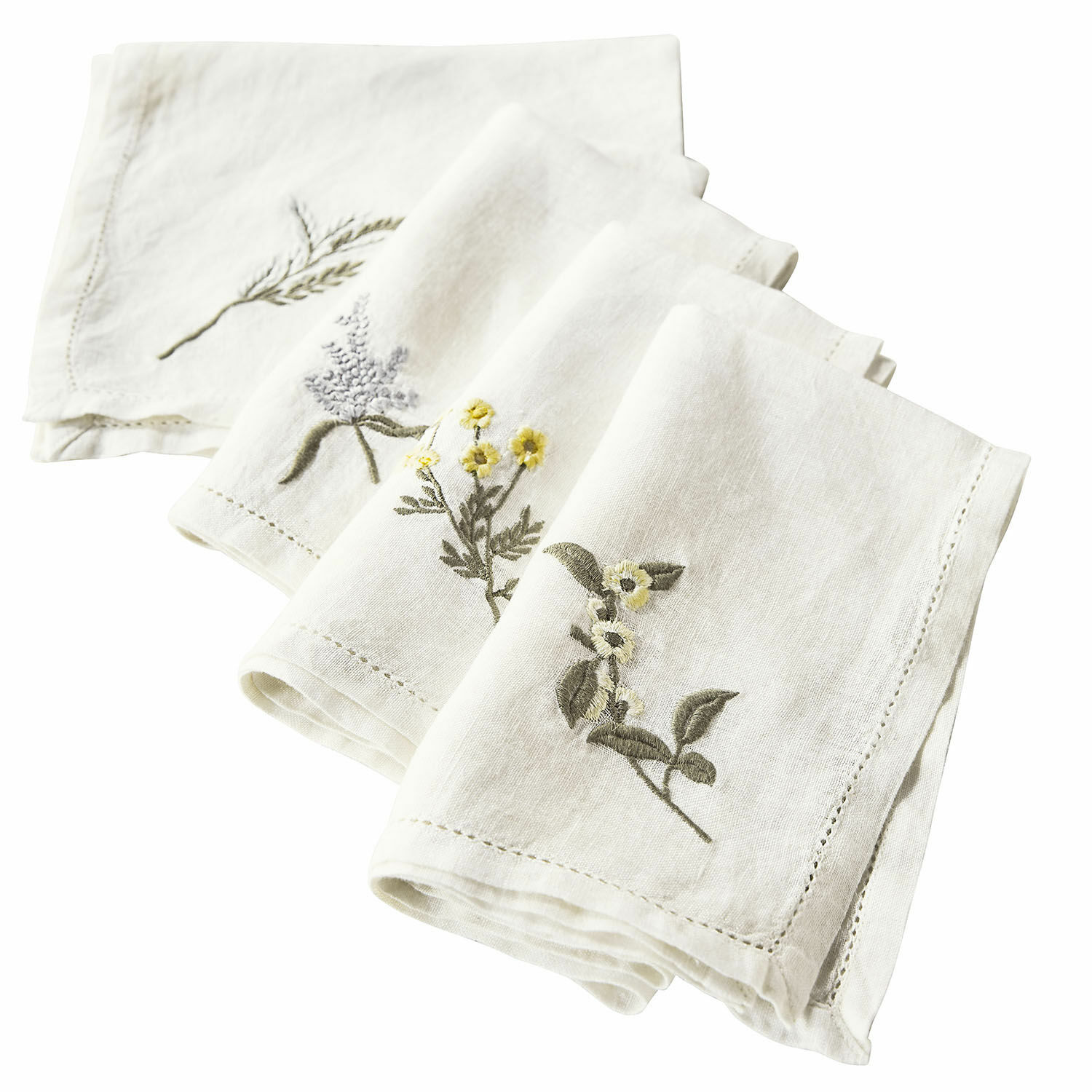 Set di 4 tovaglioli Lentilly Set di tovaglioli in lino bianco con ricami floreali naturali, decorazione elegante per tavola