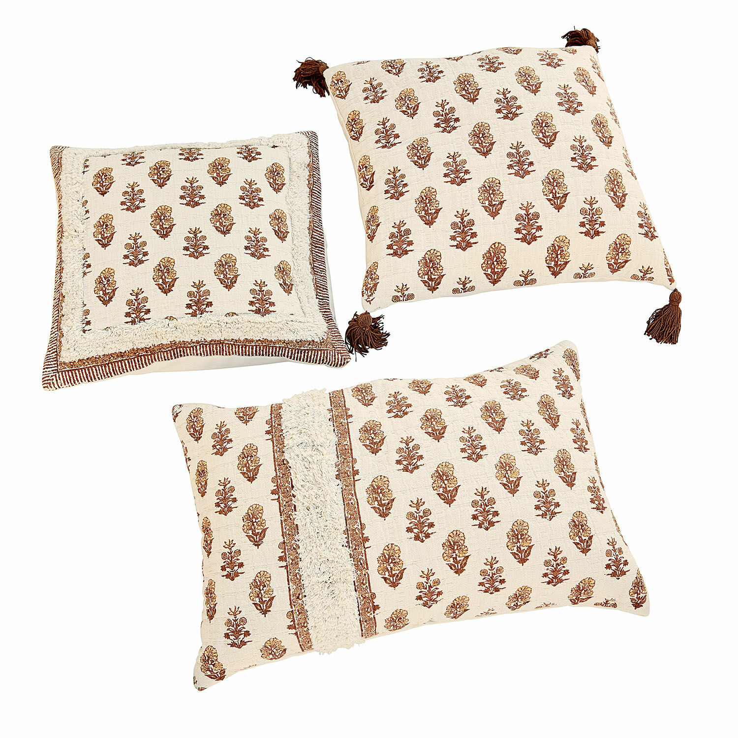 Set di 3 copricuscini Arsalan Set di tre cuscini decorativi in cotone crema con motivo floreale marrone per soggiorno
