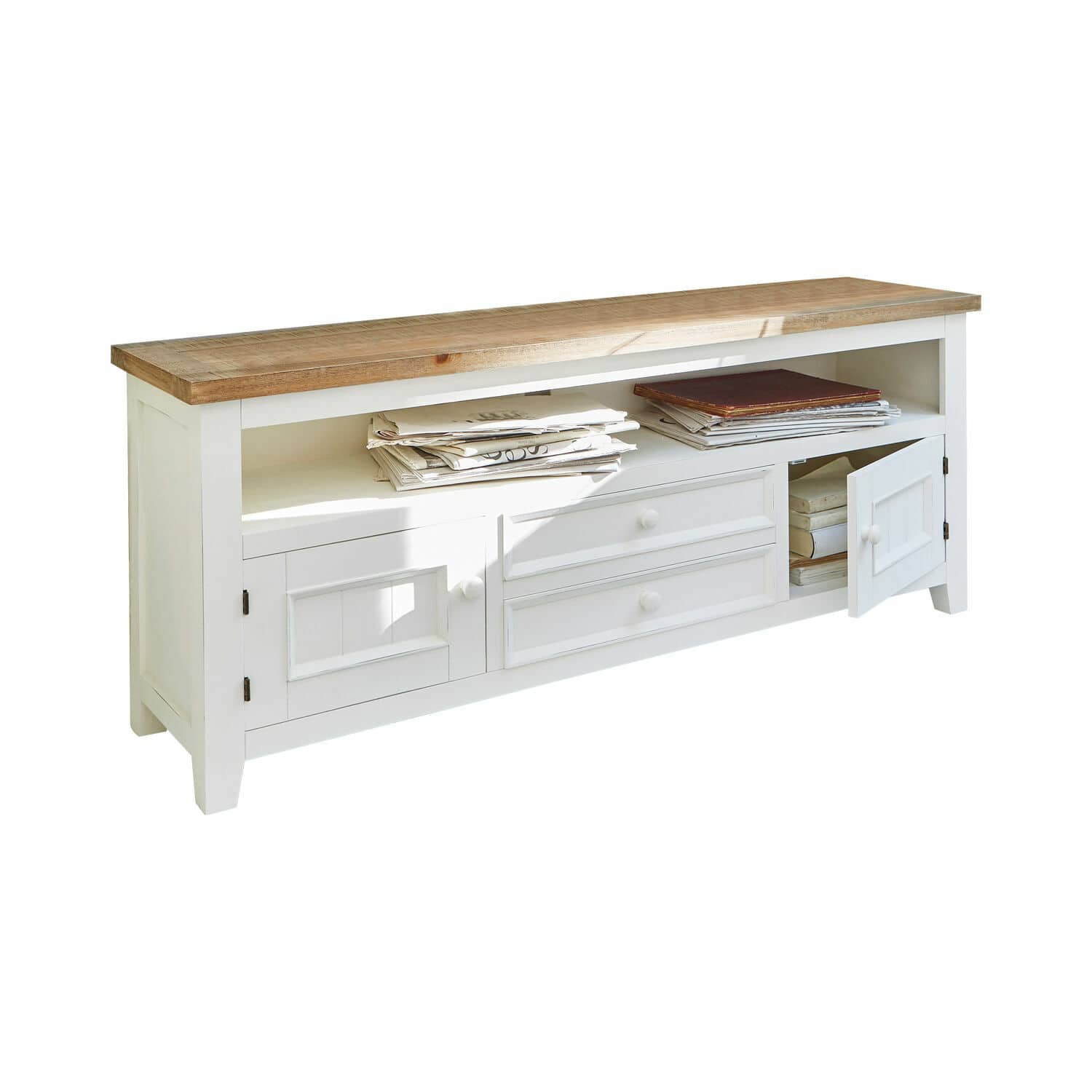 Credenza Yukon Mobile bianco in legno con ripiani e cassetti, piano in legno naturale, mobile contenitore