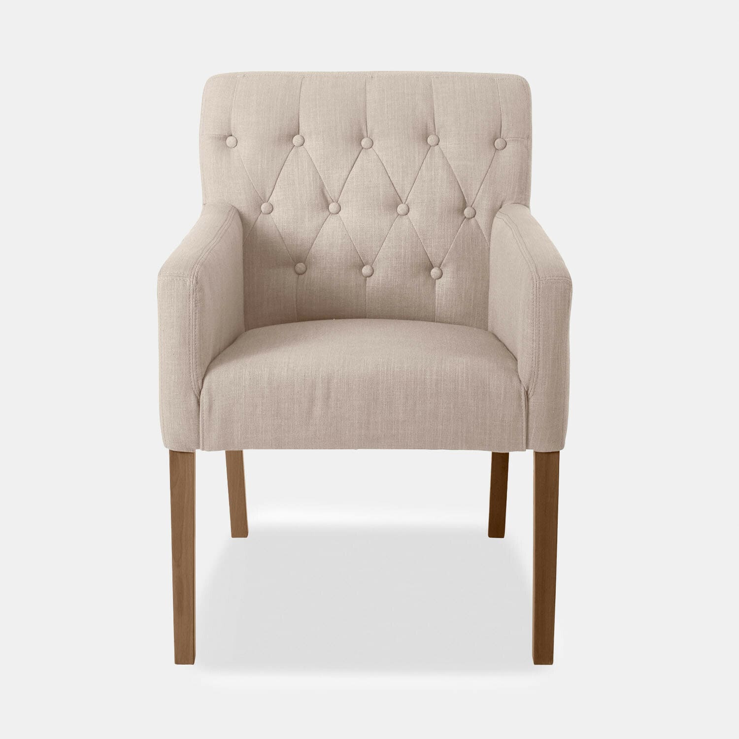 lino Poltrona Betterton con rivestimento in lino beige e gambe in legno per soggiorno