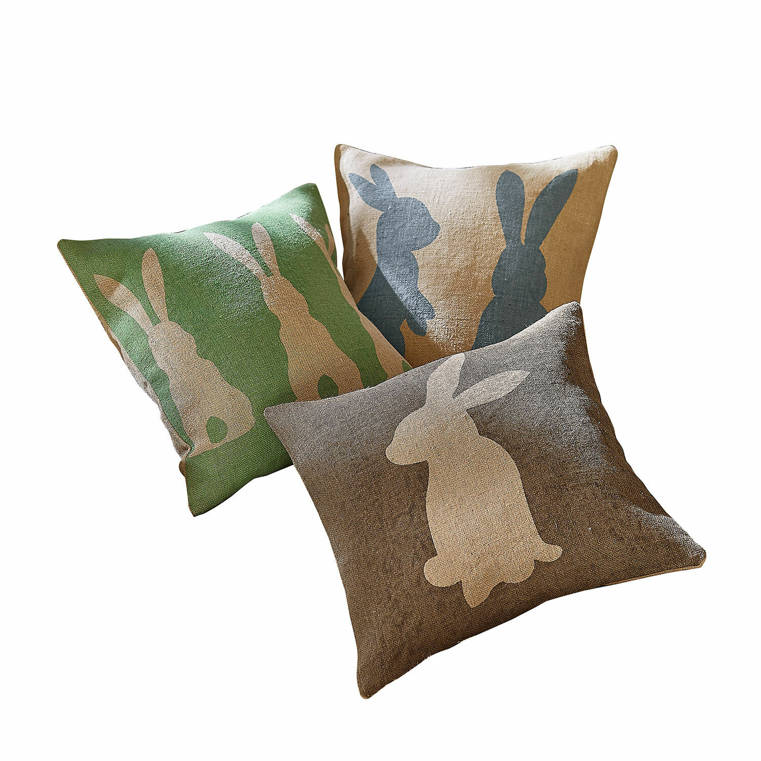 Set di 3 copricuscini Namirah Set di tre cuscini in lino con motivo coniglio in verde, beige e marrone per arredamento