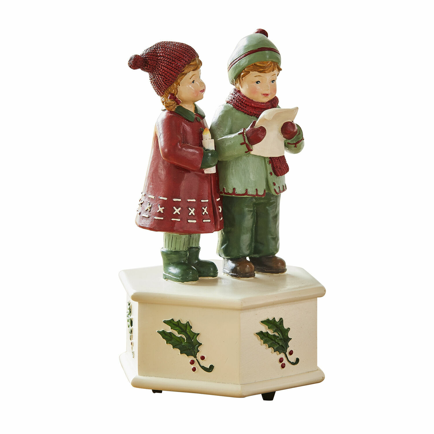 Carillon Kalilah Figura di bambini che cantano canti natalizi su base crema con motivo di agrifoglio, decorazione natalizia