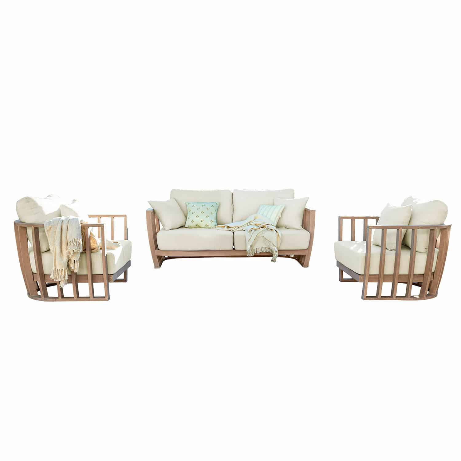 Salottino FSC®-100% Vézère Set di mobili in legno con cuscini crema, design moderno per soggiorno