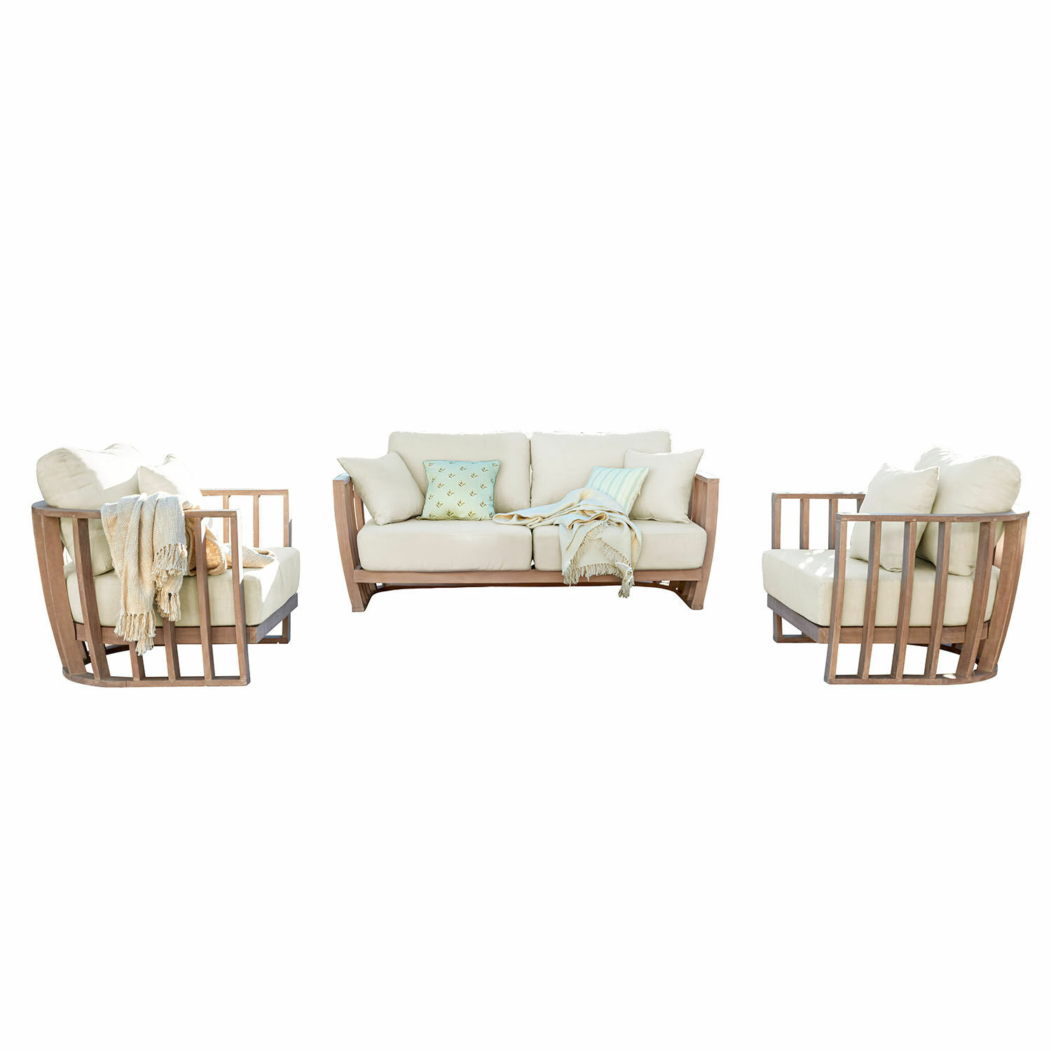 Salottino FSC®-100% Vézère Set di mobili in legno con cuscini crema, design moderno per soggiorno