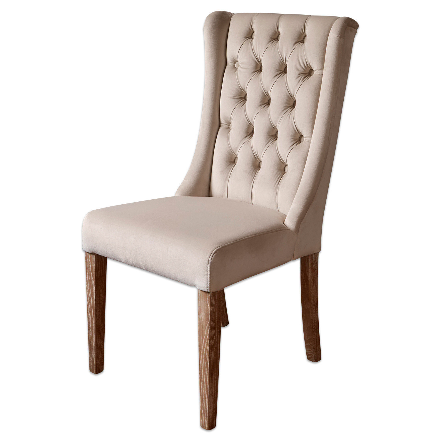Sedia Sudbury Sedia beige imbottita con schienale capitonné e gambe in legno per sala da pranzo