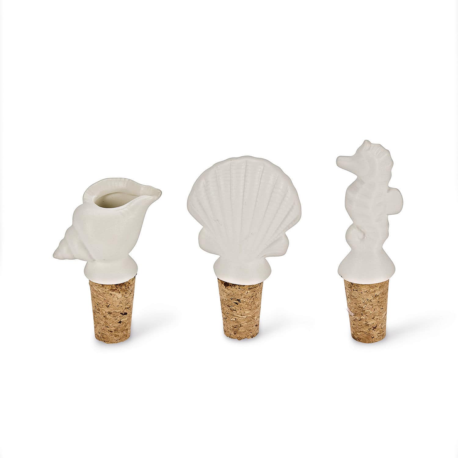 Set di 3 tappi per bottiglia Frisennier Set di tappi per bottiglie in ceramica bianca a forma di conchiglia, cavalluccio marino e conchiglia marina