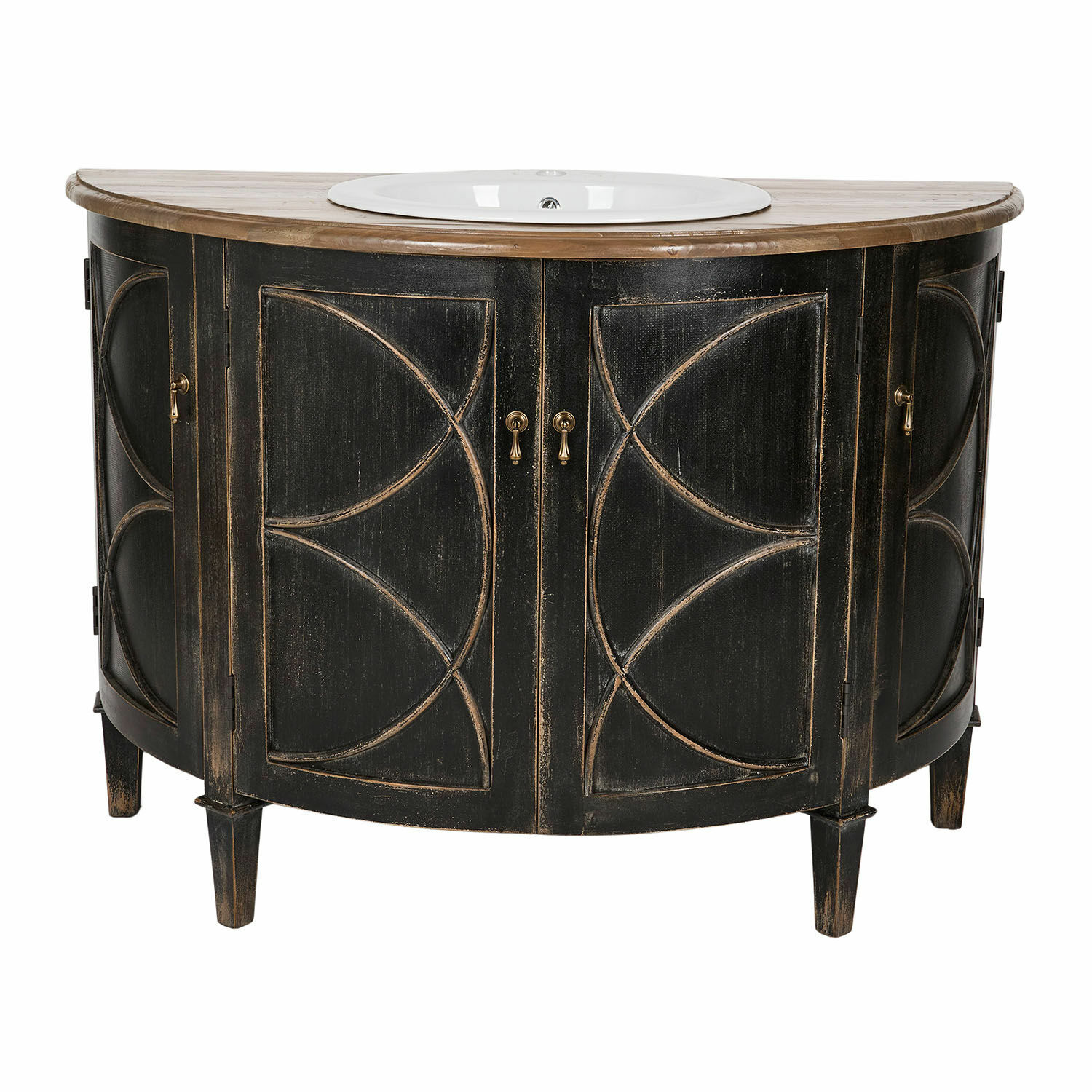 Mobile con lavabo Maison Vertelle Mobile bagno semicircolare nero con piano in legno e lavabo in ceramica bianca
