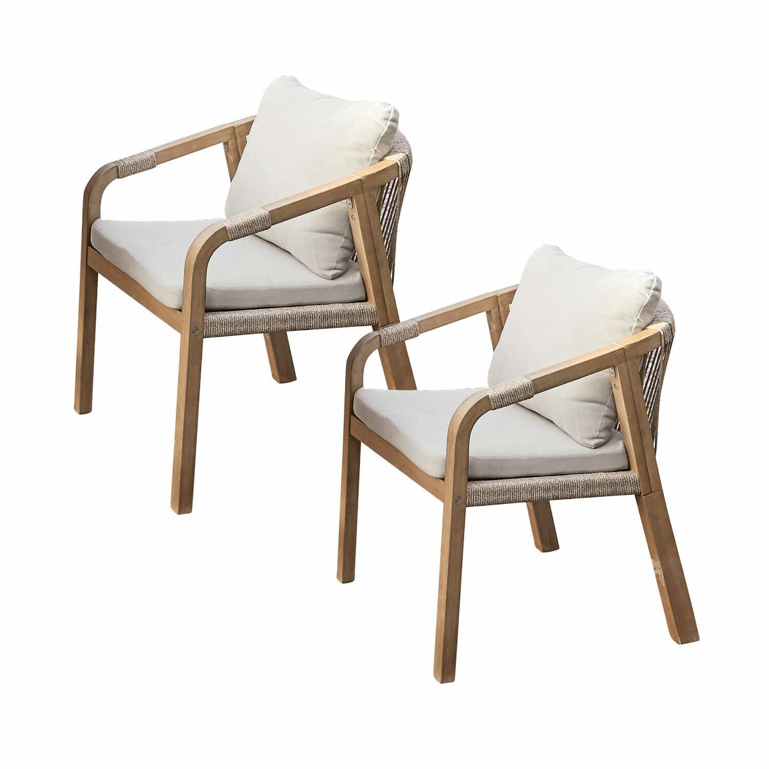 Coppia di sedie FSC®-100% Kennedy Set di due sedie in legno con cuscini chiari, ideale per terrazza o balcone