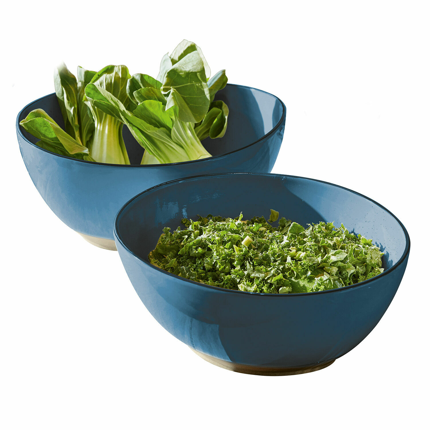 Coppia di insalatiere Biarré Due ciotole in ceramica blu con foglie verdi, perfette per insalate e cucina