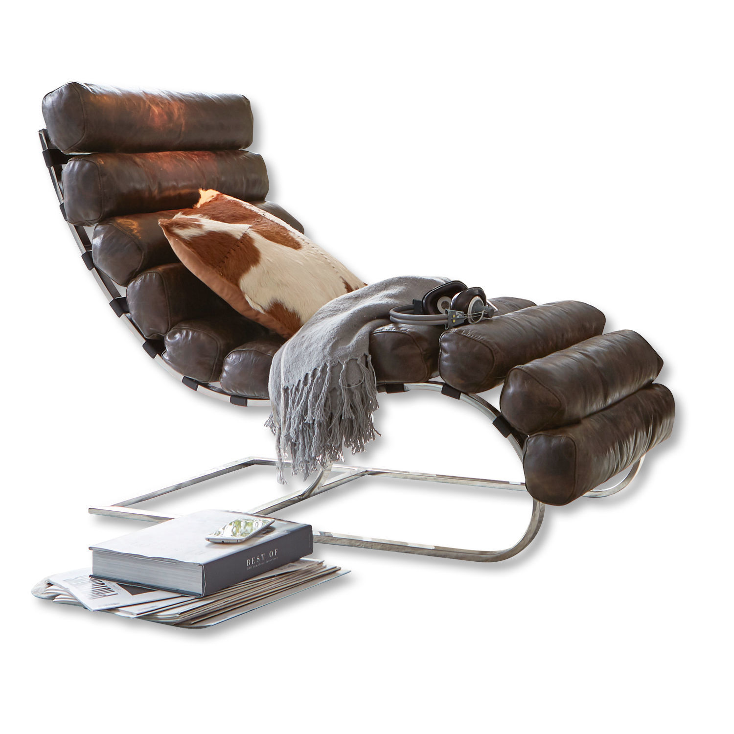 Poltrona ottomana Davyss Sdraio moderna in pelle marrone con struttura metallica, cuscino e coperta grigia per relax